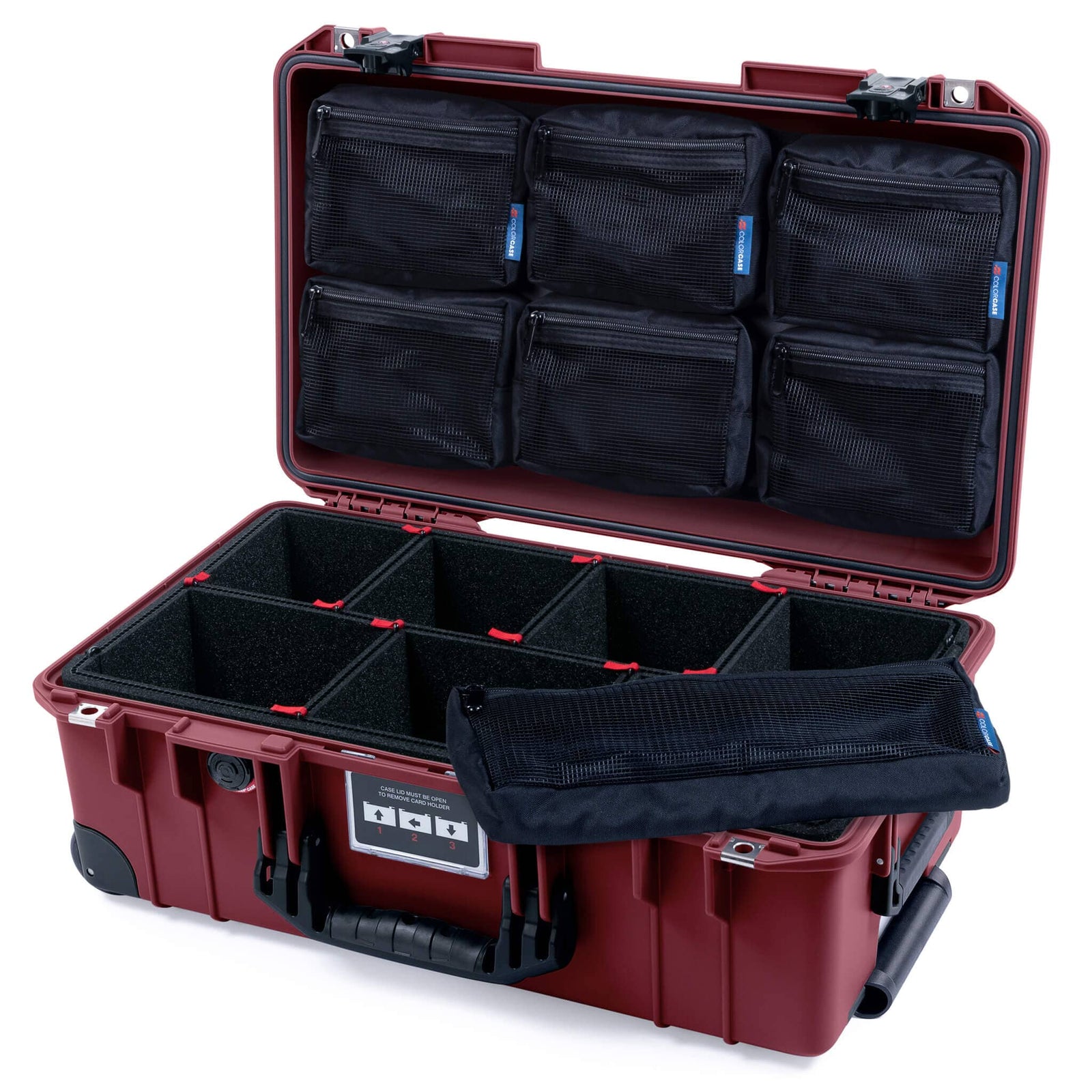 Pelican 1535 Air Case, Oxblood with Black Handles, TSA Locking Latches & Trolley TrekPak Divider System with 7-Piece Removable Mesh Pouches ColorCase 015350-0720-510-L10-110