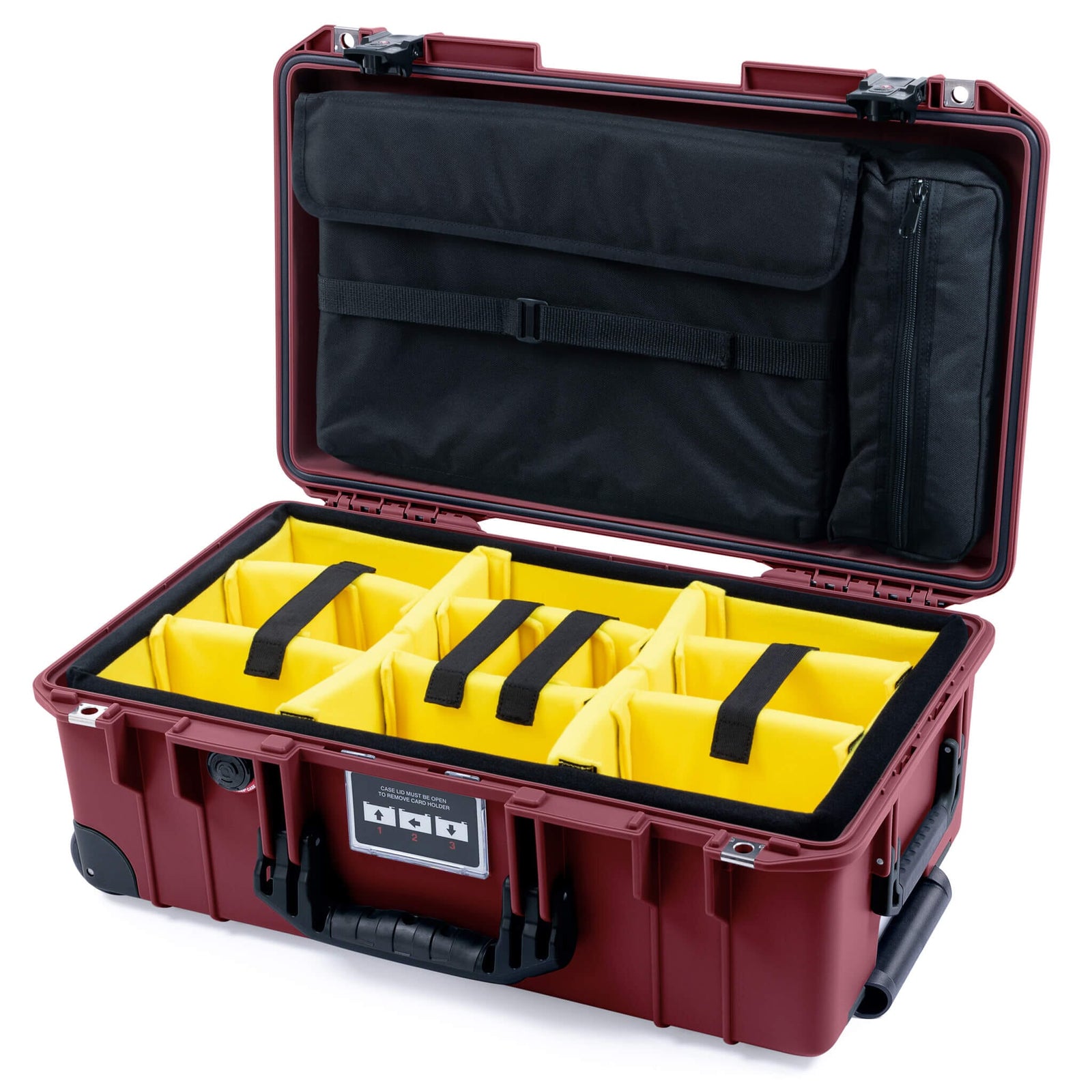 Pelican 1535 Air Case, Oxblood with Black Handles, TSA Locking Latches & Trolley Yellow Padded Microfiber Dividers with Laptop Computer Lid Pouch ColorCase 015350-0210-510-L10-110