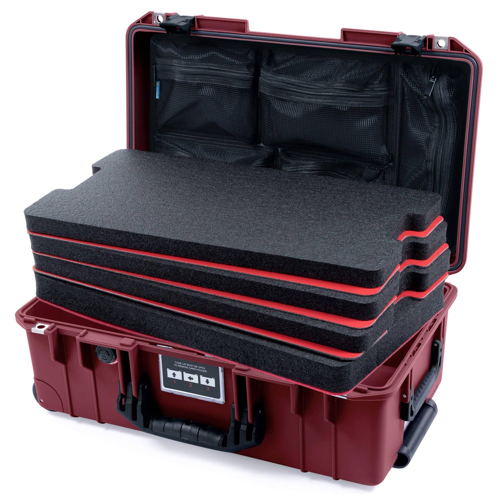 Pelican 1535 Air Case, Oxblood with Black Handles & Latches Custom Tool Kit (4 Foam Inserts with Mesh Lid Organizers) ColorCase 015350-0160-510-111