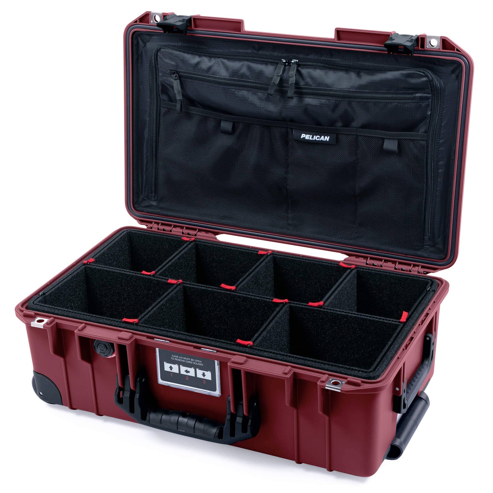 Pelican 1535 Air Case, Oxblood with Black Handles, Latches & Trolley TrekPak Divider System with TRVL Combo-Pouch Lid Organizer ColorCase 015350-0320-510-111-110