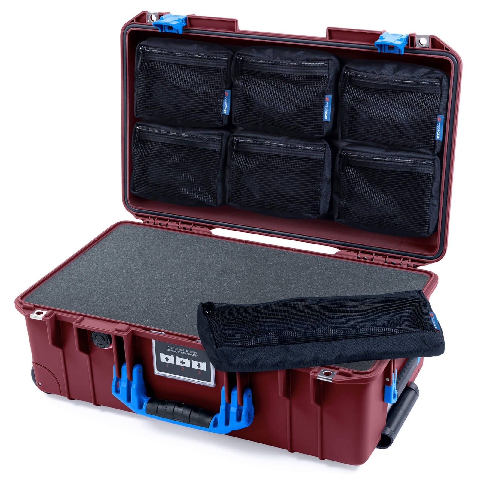 Pelican 1535 Air Case, Oxblood with Blue Handles & Latches Pick & Pluck Foam with 7-Piece Removable Mesh Pouches ColorCase 015350-0701-510-121