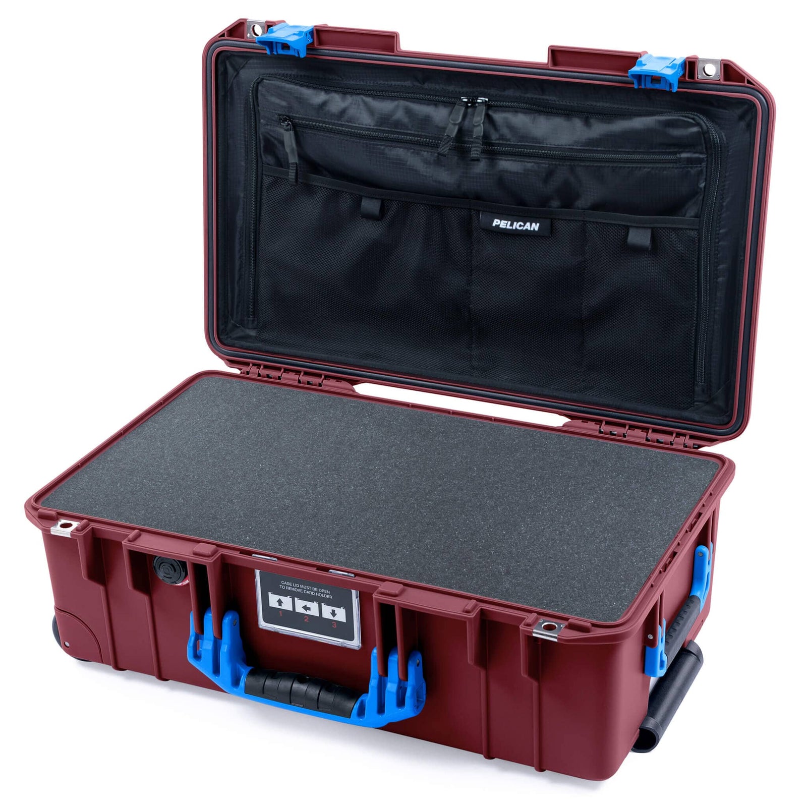 Pelican 1535 Air Case, Oxblood with Blue Handles & Latches Pick & Pluck Foam with TRVL Combo-Pouch Lid Organizer ColorCase 015350-0301-510-121