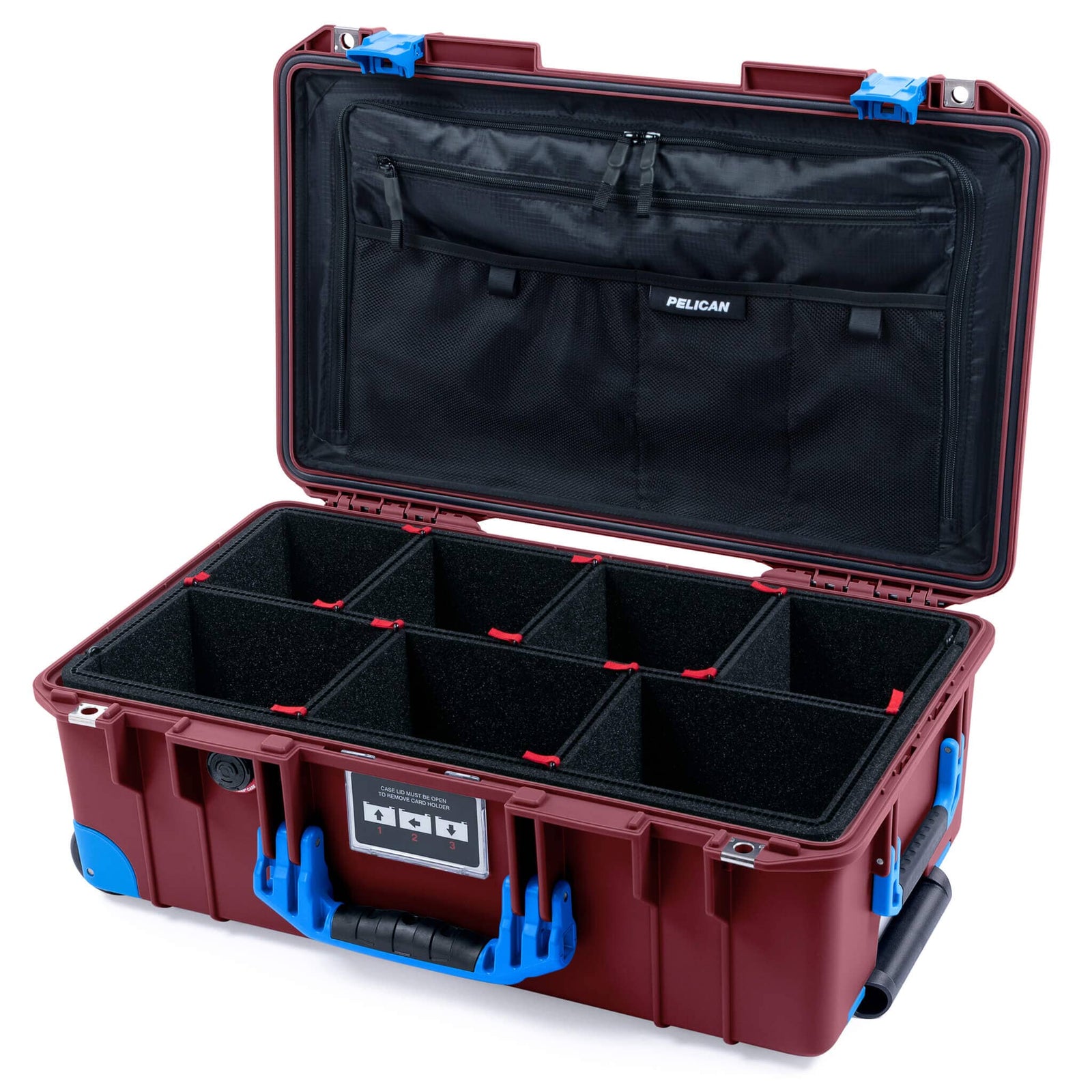 Pelican 1535 Air Case, Oxblood with Blue Handles, Latches & Trolley TrekPak Divider System with TRVL Combo-Pouch Lid Organizer ColorCase 015350-0320-510-121-120
