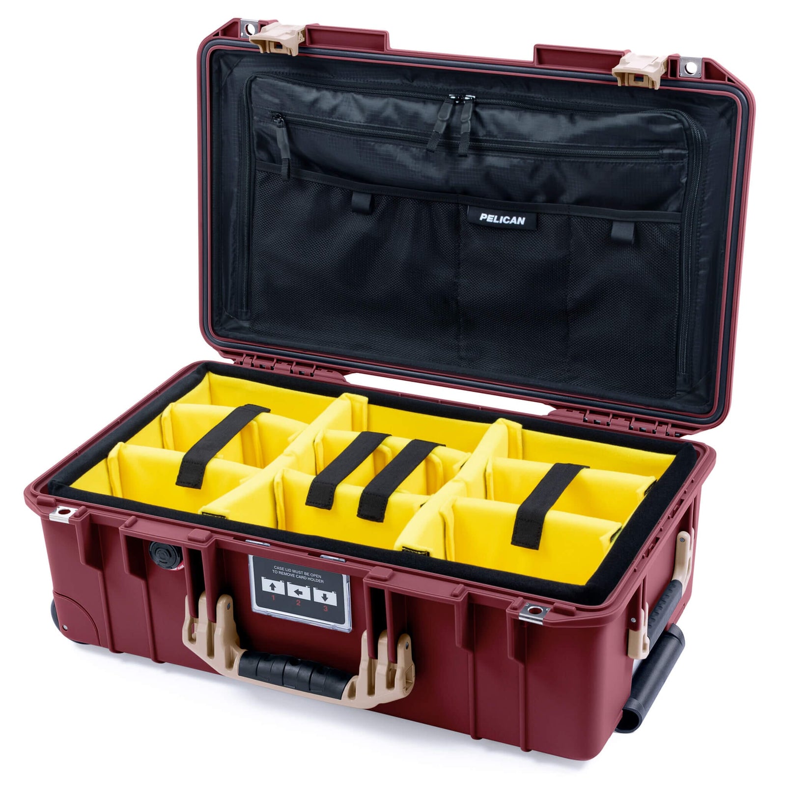 Pelican 1535 Air Case, Oxblood with Desert Tan Handles & Latches Yellow Padded Microfiber Dividers with TRVL Combo-Pouch Lid Organizer ColorCase 015350-0310-510-311