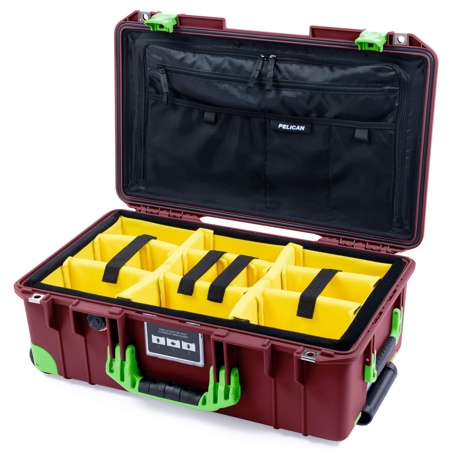 Pelican 1535 Air Case, Oxblood with Lime Green Handles, Latches & Trolley Yellow Padded Microfiber Dividers with TRVL Combo-Pouch Lid Organizer ColorCase 015350-0310-510-301-300