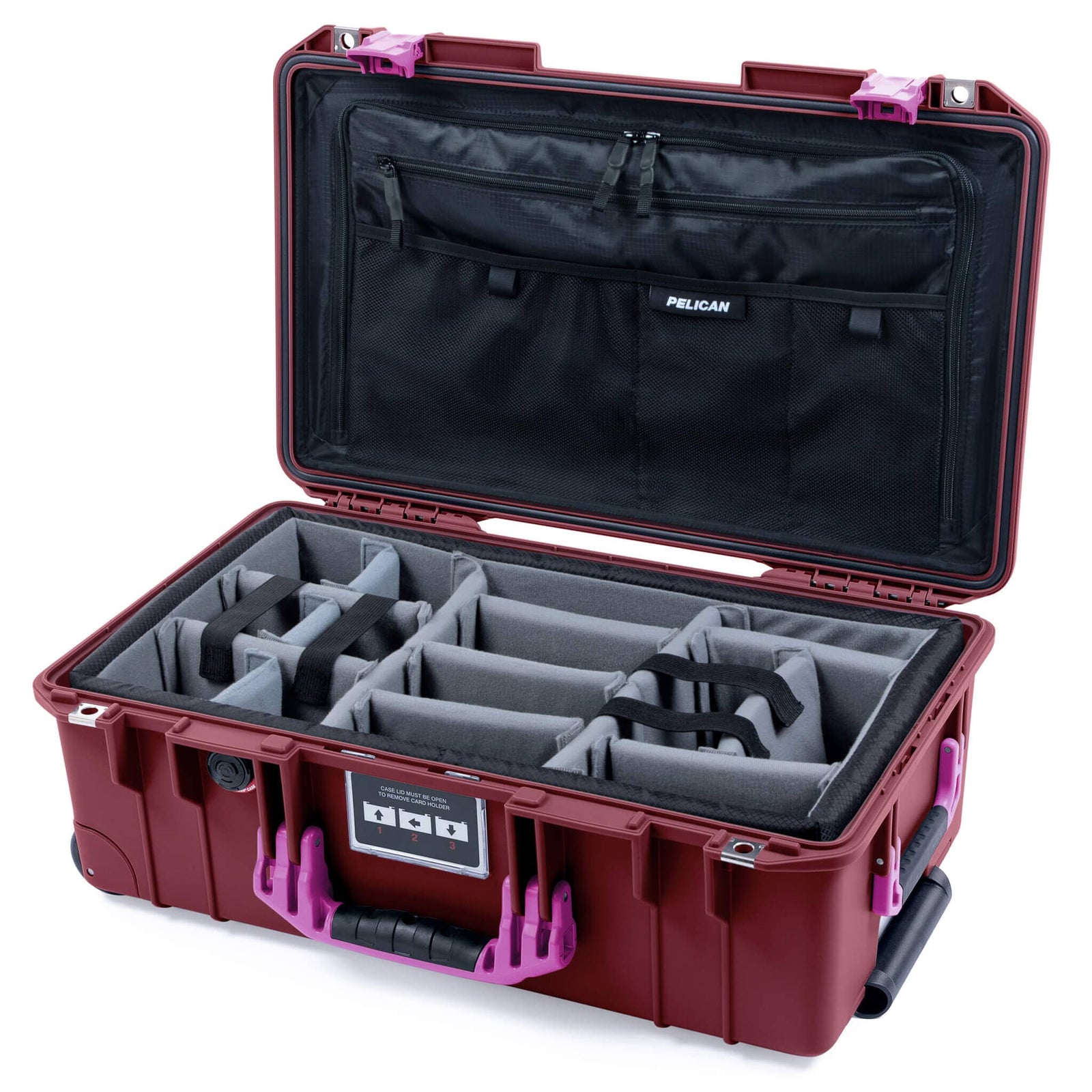 Pelican 1535 Air Case, Oxblood with Magenta Handles & Latches Gray Padded Microfiber Dividers with TRVL Combo-Pouch Lid Organizer ColorCase 015350-0370-510-401