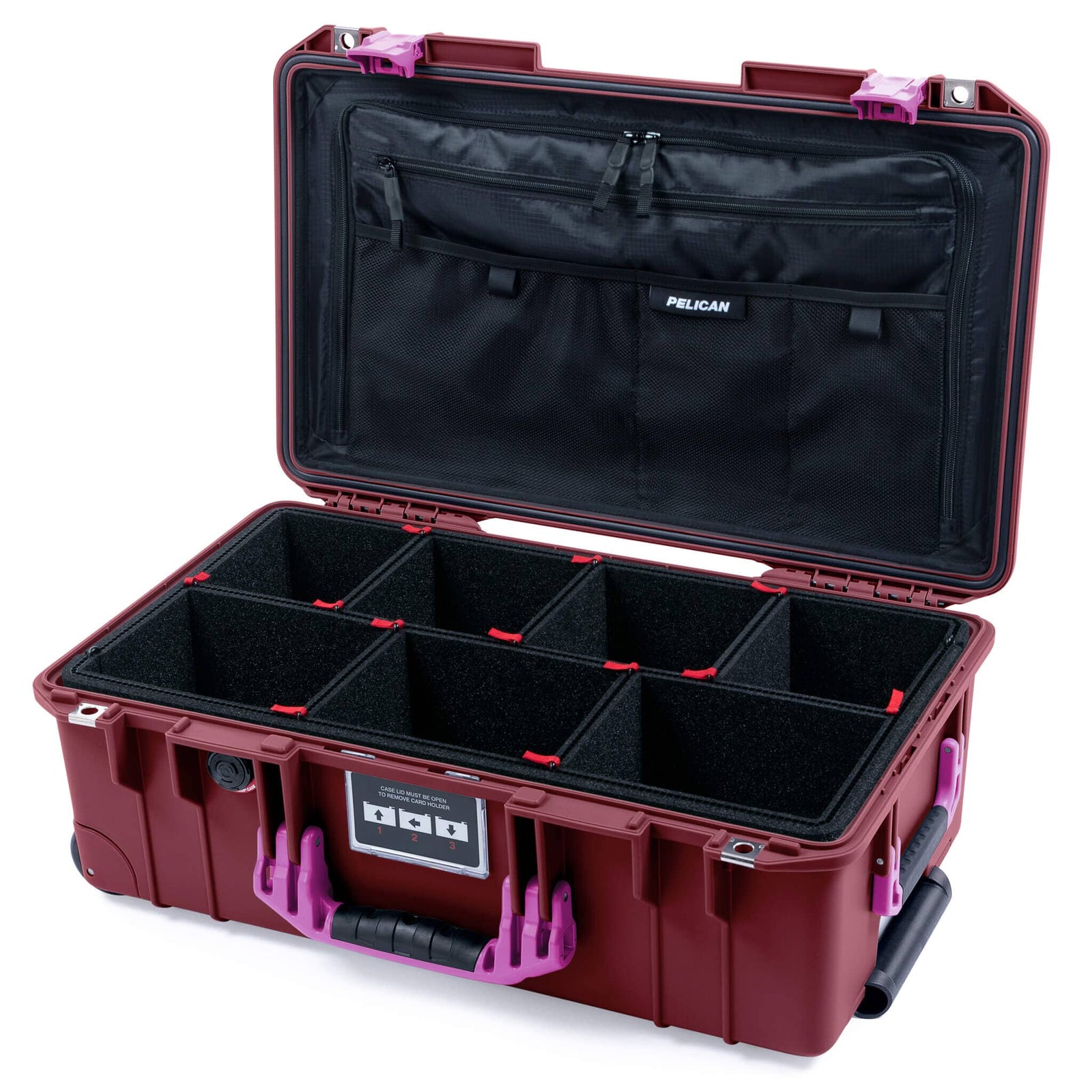 Pelican 1535 Air Case, Oxblood with Magenta Handles & Latches TrekPak Divider System with TRVL Combo-Pouch Lid Organizer ColorCase 015350-0320-510-401