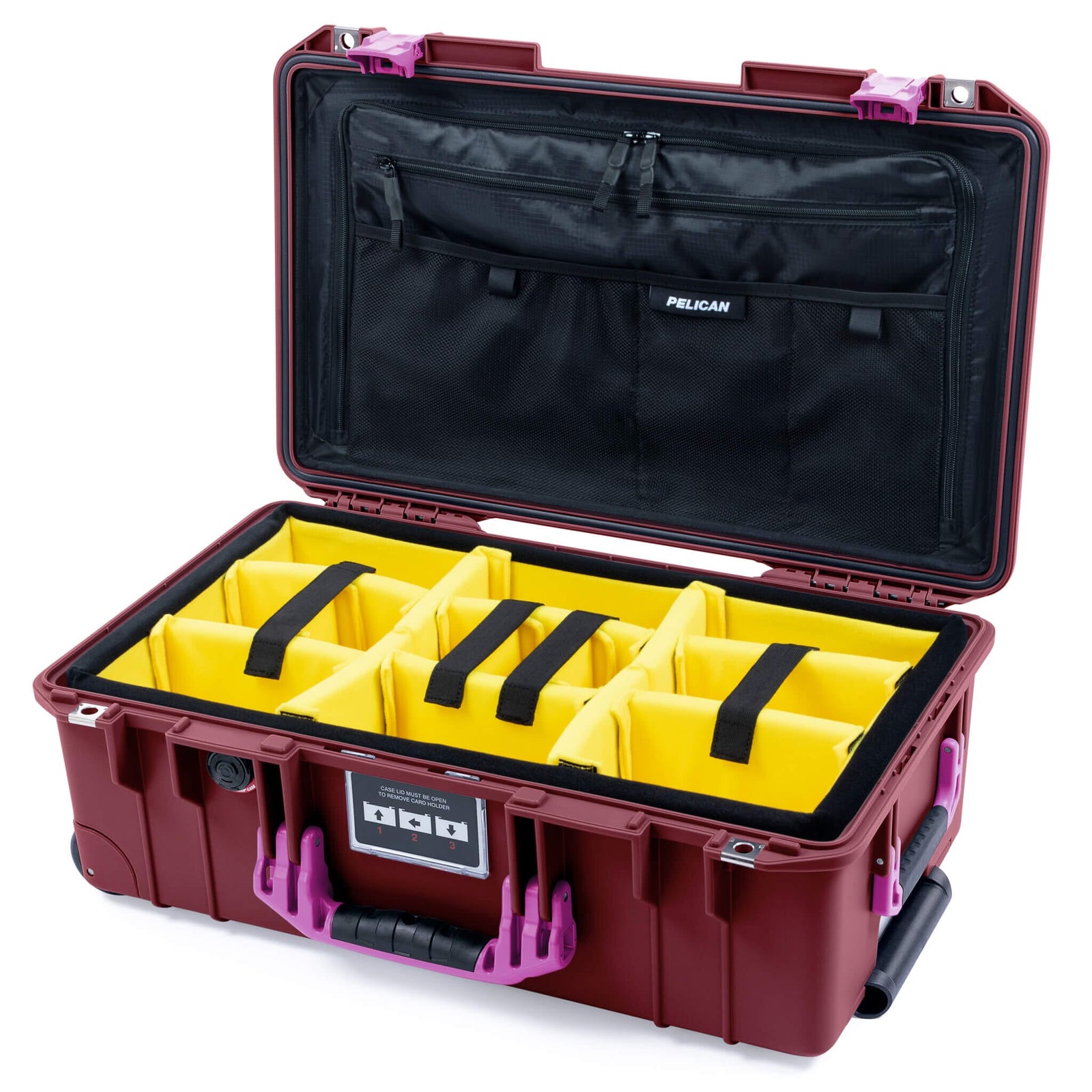 Pelican 1535 Air Case, Oxblood with Magenta Handles & Latches Yellow Padded Microfiber Dividers with TRVL Combo-Pouch Lid Organizer ColorCase 015350-0310-510-401