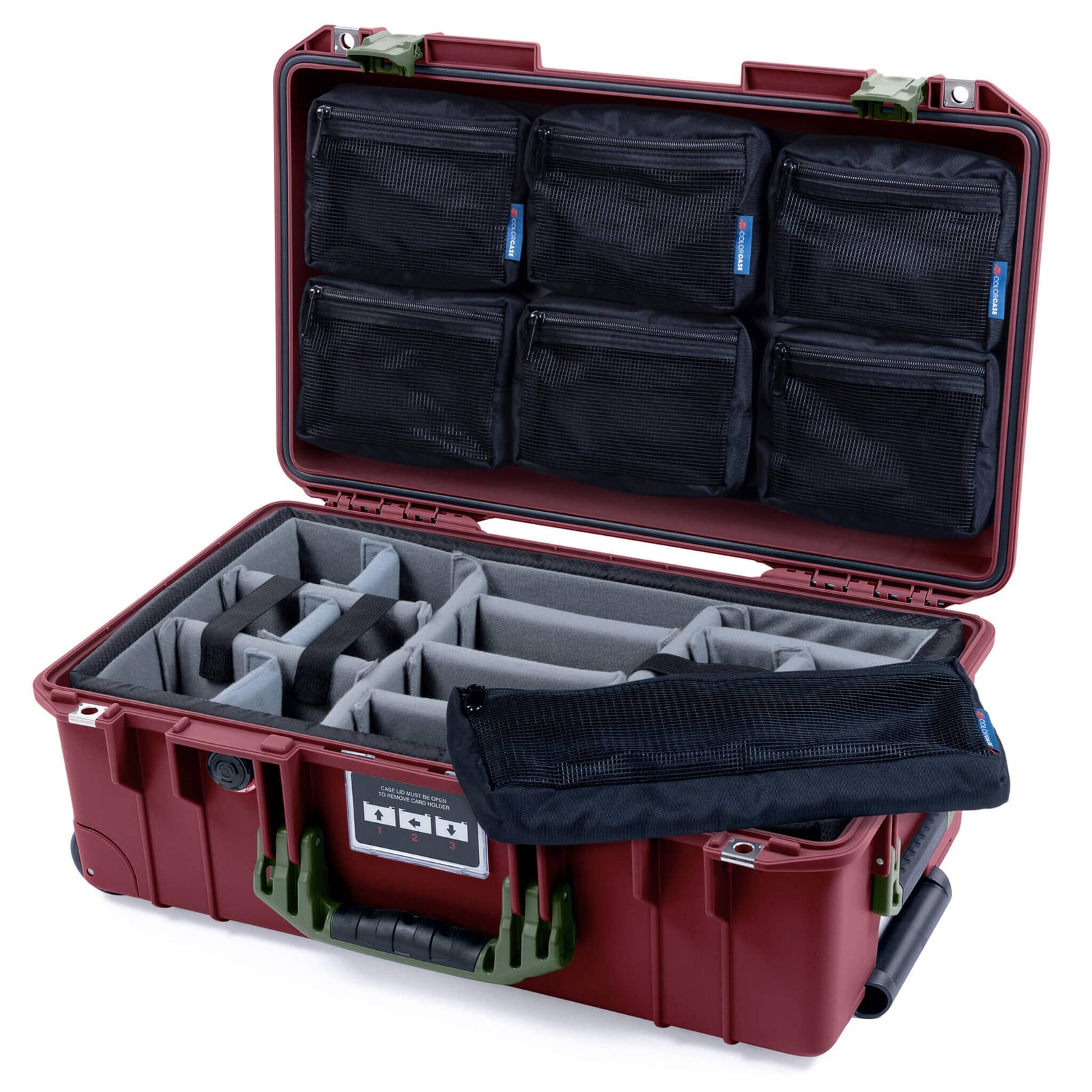 Pelican 1535 Air Case, Oxblood with OD Green Handles & Latches Gray Padded Microfiber Dividers with 7-Piece Removable Mesh Pouches ColorCase 015350-0770-510-131
