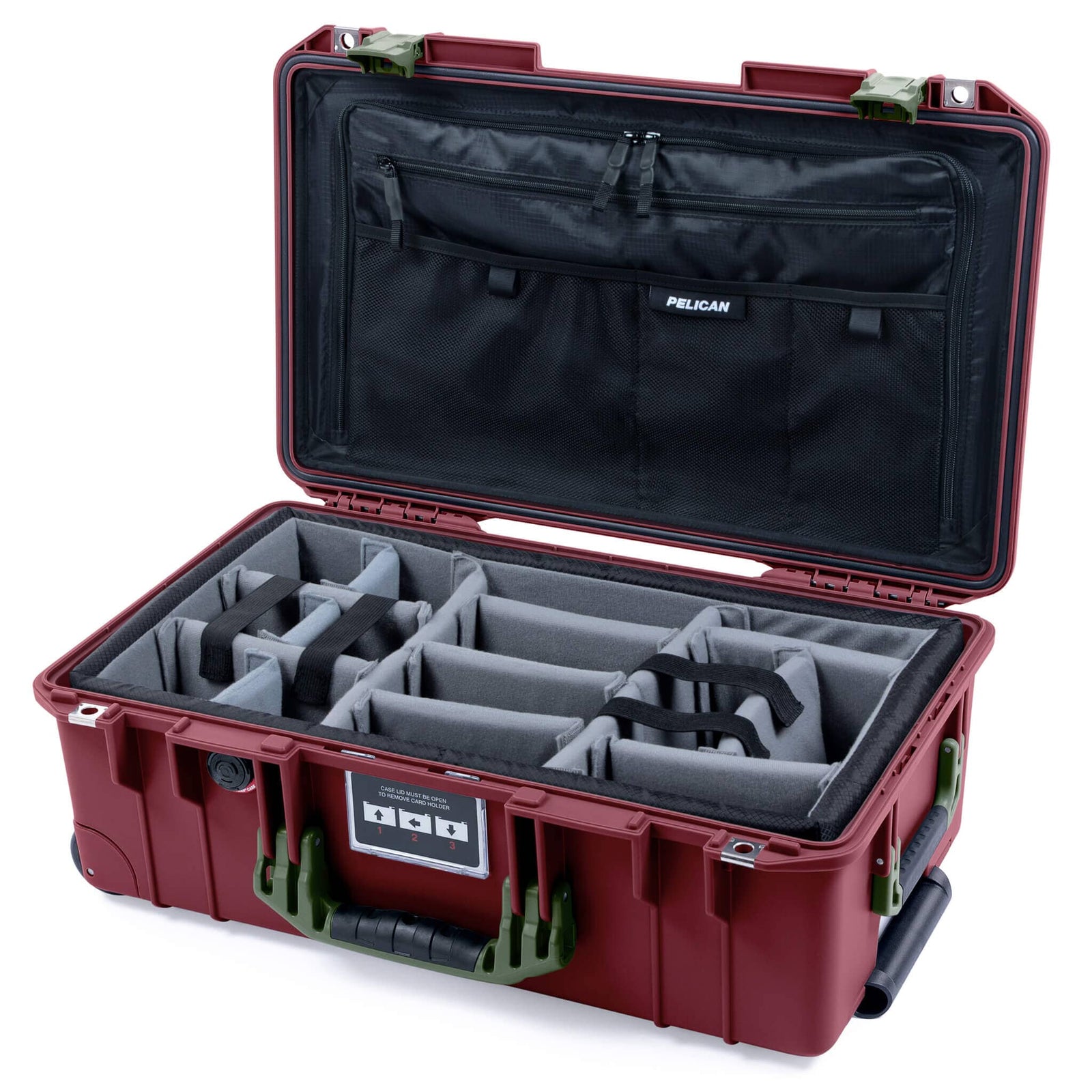 Pelican 1535 Air Case, Oxblood with OD Green Handles & Latches Gray Padded Microfiber Dividers with TRVL Combo-Pouch Lid Organizer ColorCase 015350-0370-510-131