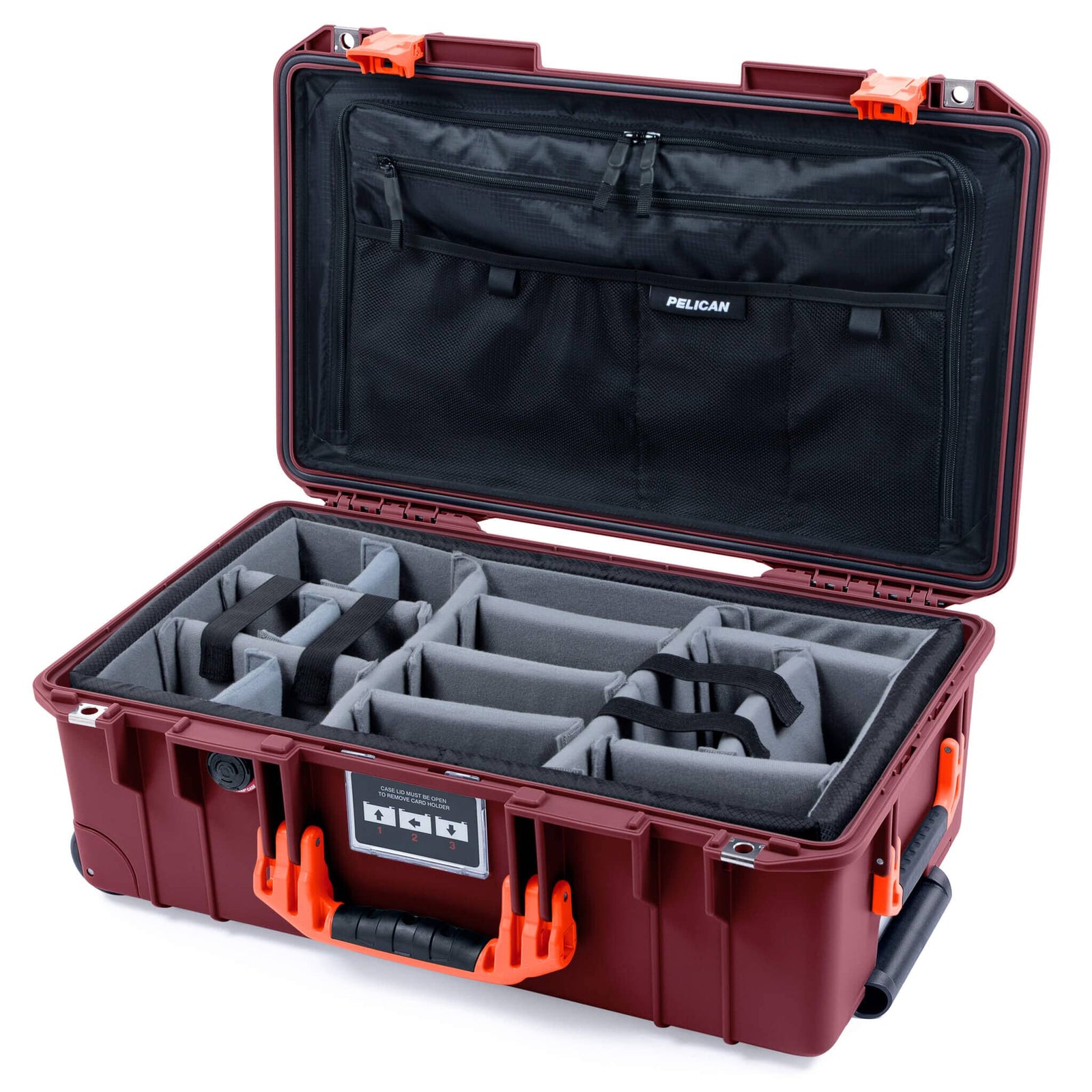 Pelican 1535 Air Case, Oxblood with Orange Handles & Latches Gray Padded Microfiber Dividers with TRVL Combo-Pouch Lid Organizer ColorCase 015350-0370-510-151