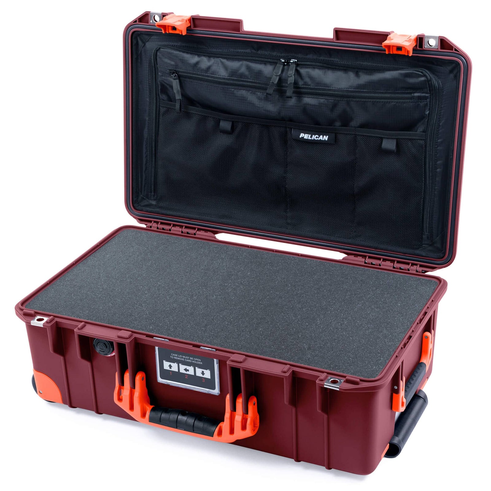 Pelican 1535 Air Case, Oxblood with Orange Handles, Latches & Trolley Pick & Pluck Foam with TRVL Combo-Pouch Lid Organizer ColorCase 015350-0301-510-151-150
