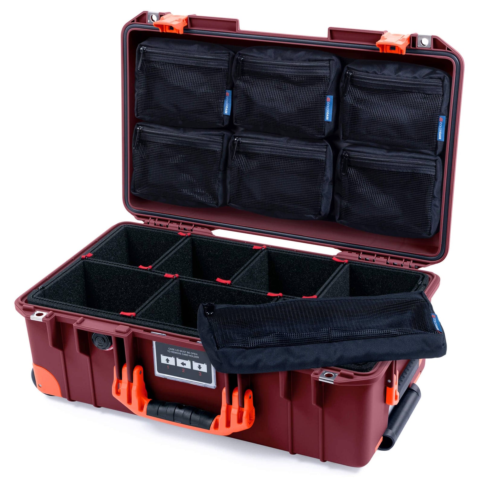 Pelican 1535 Air Case, Oxblood with Orange Handles, Latches & Trolley TrekPak Divider System with 7-Piece Removable Mesh Pouches ColorCase 015350-0720-510-151-150