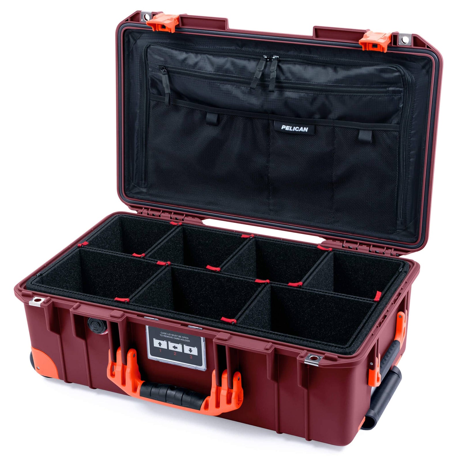 Pelican 1535 Air Case, Oxblood with Orange Handles, Latches & Trolley TrekPak Divider System with TRVL Combo-Pouch Lid Organizer ColorCase 015350-0320-510-151-150
