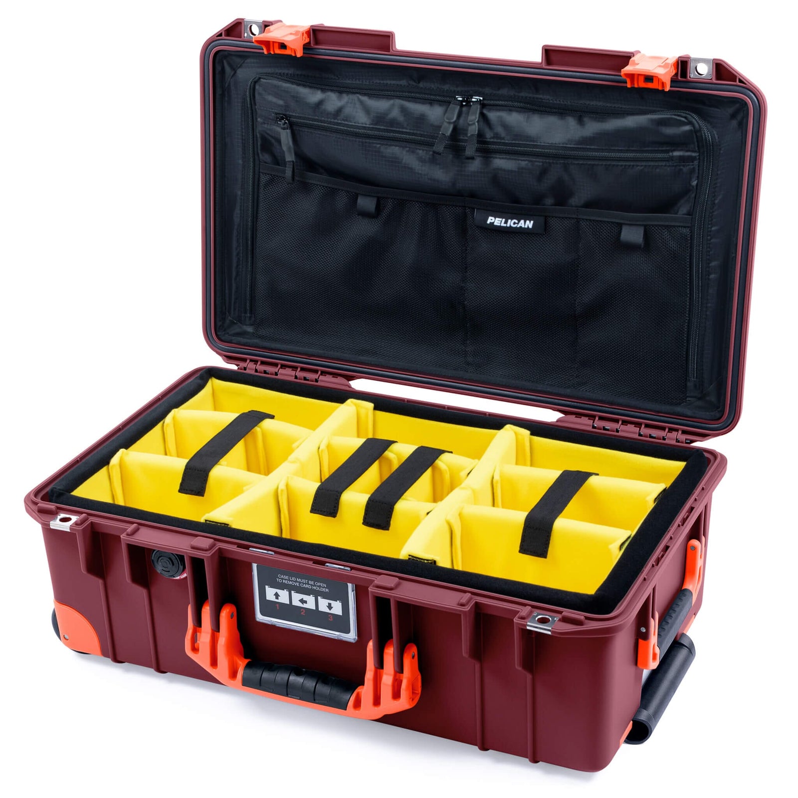 Pelican 1535 Air Case, Oxblood with Orange Handles, Latches & Trolley Yellow Padded Microfiber Dividers with TRVL Combo-Pouch Lid Organizer ColorCase 015350-0310-510-151-150