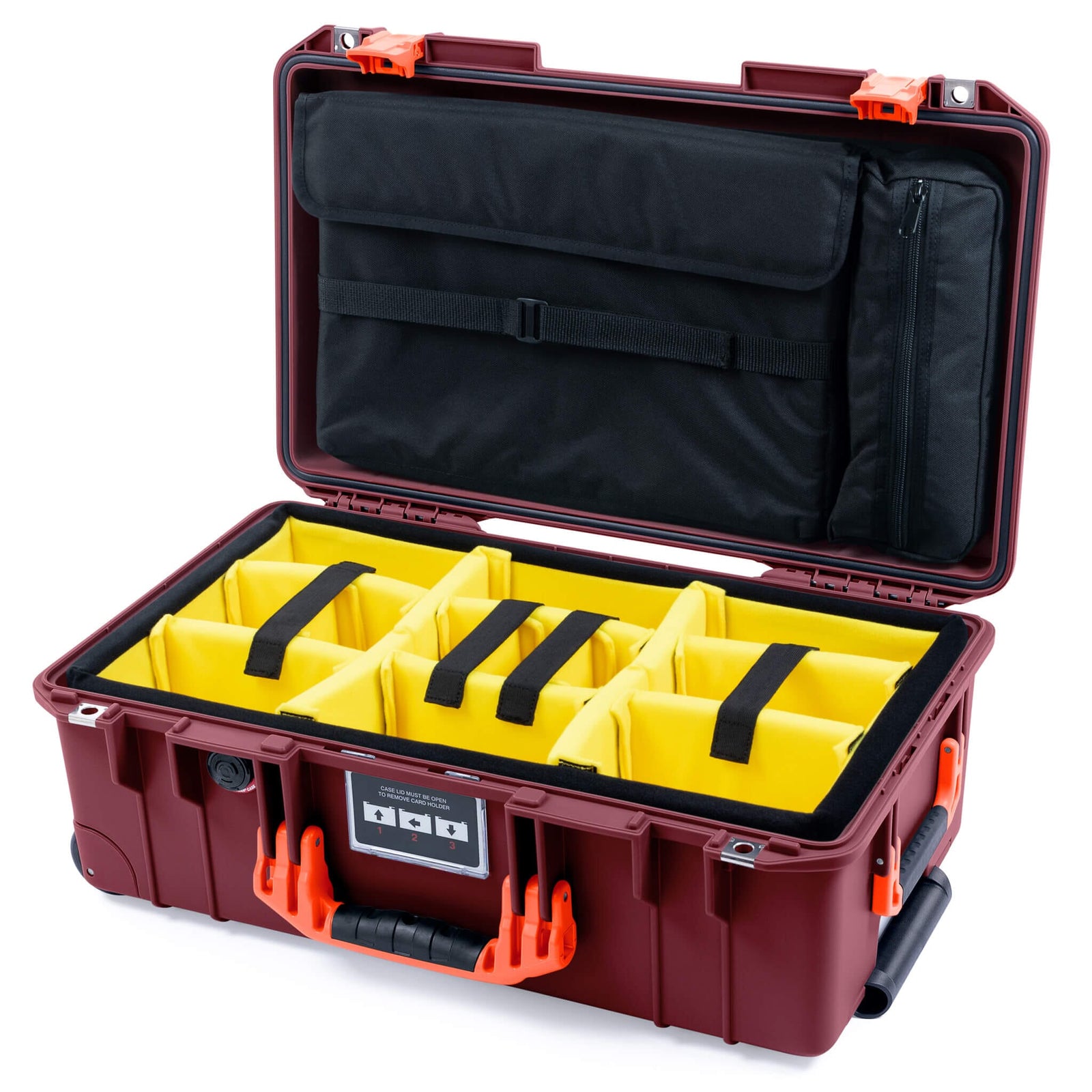 Pelican 1535 Air Case, Oxblood with Orange Handles & Latches Yellow Padded Microfiber Dividers with Laptop Computer Lid Pouch ColorCase 015350-0210-510-151
