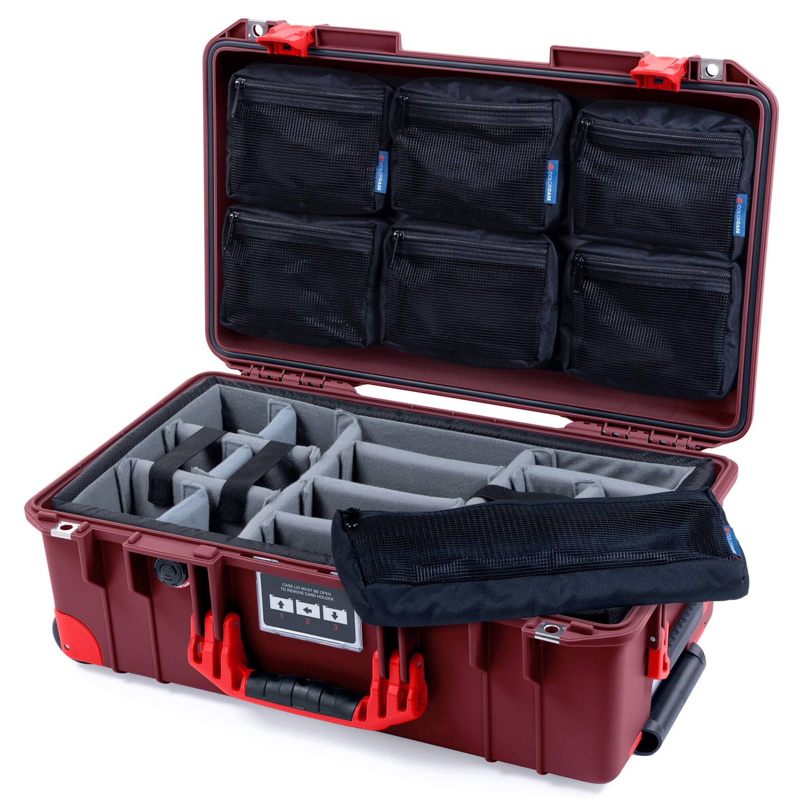 Pelican 1535 Air Case, Oxblood with Red Handles, Latches & Trolley Gray Padded Microfiber Dividers with 7-Piece Removable Mesh Pouches ColorCase 015350-0770-510-321-320