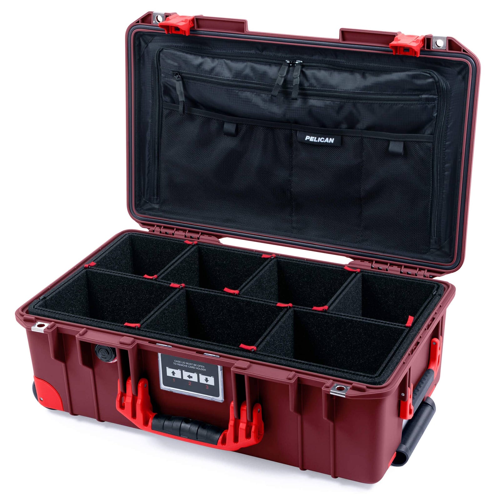 Pelican 1535 Air Case, Oxblood with Red Handles, Latches & Trolley TrekPak Divider System with TRVL Combo-Pouch Lid Organizer ColorCase 015350-0320-510-321-320