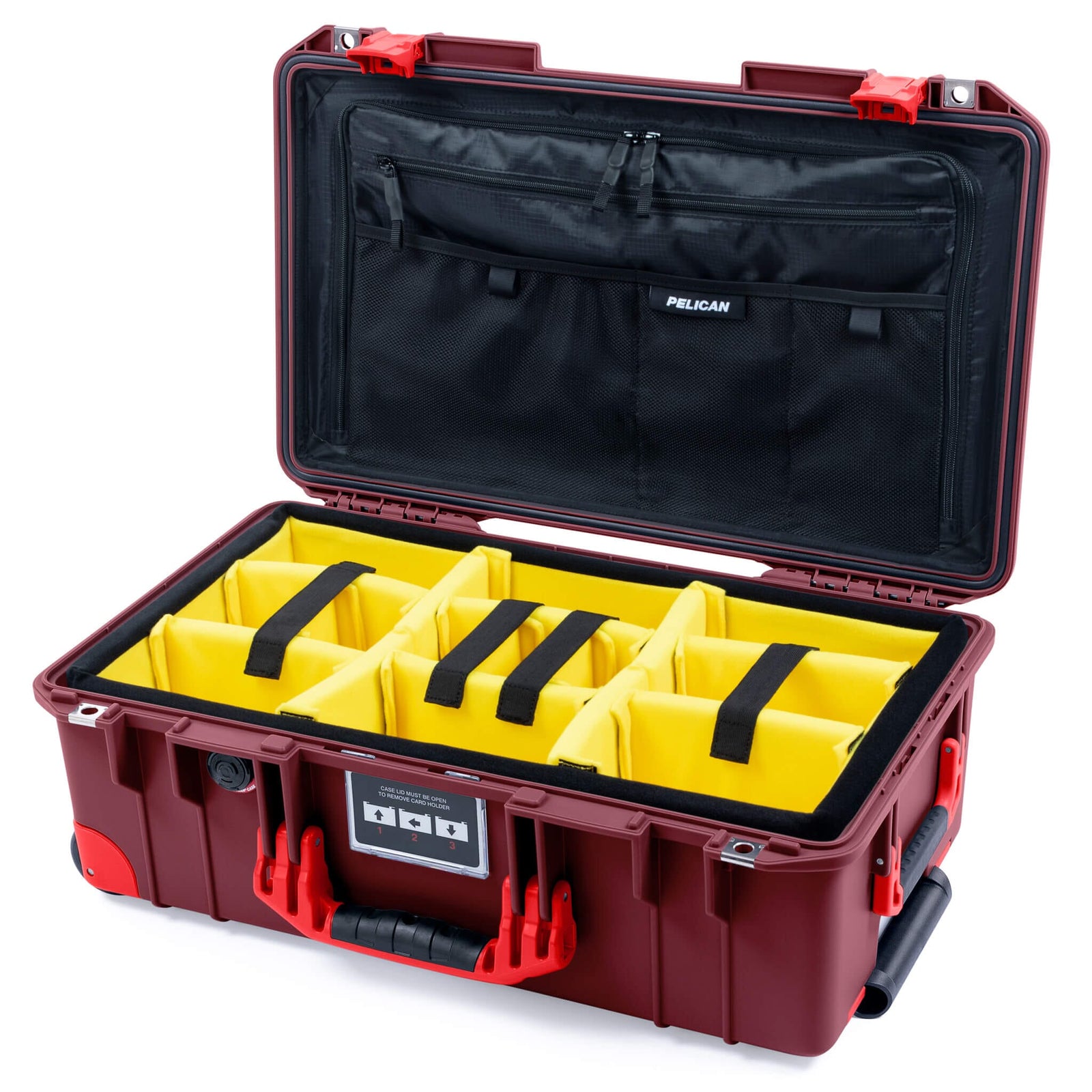 Pelican 1535 Air Case, Oxblood with Red Handles, Latches & Trolley Yellow Padded Microfiber Dividers with TRVL Combo-Pouch Lid Organizer ColorCase 015350-0310-510-321-320