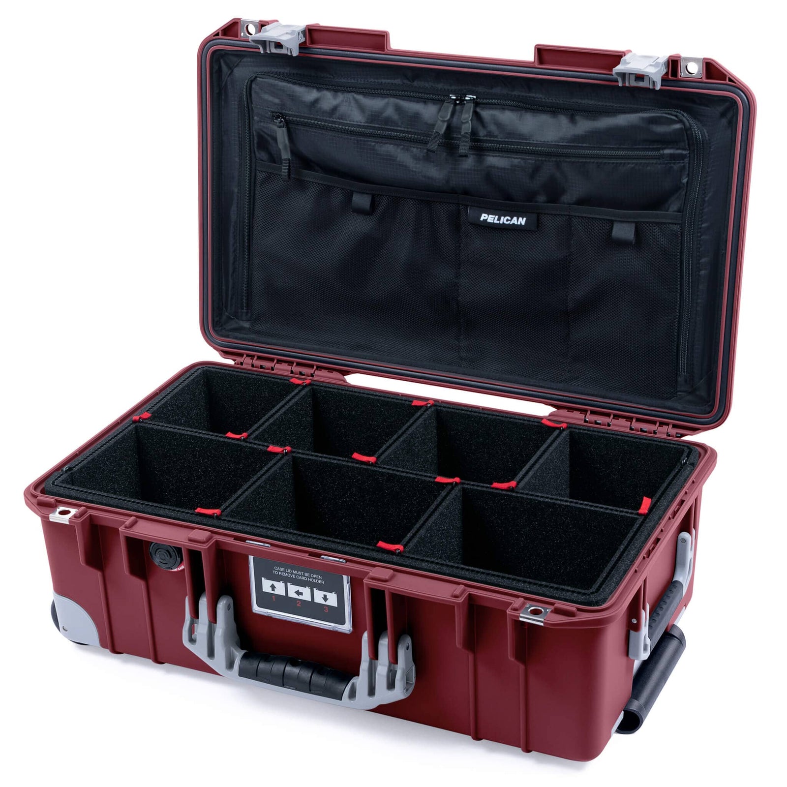 Pelican 1535 Air Case, Oxblood with Silver Handles, Latches & Trolley TrekPak Divider System with TRVL Combo-Pouch Lid Organizer ColorCase 015350-0320-510-181-180