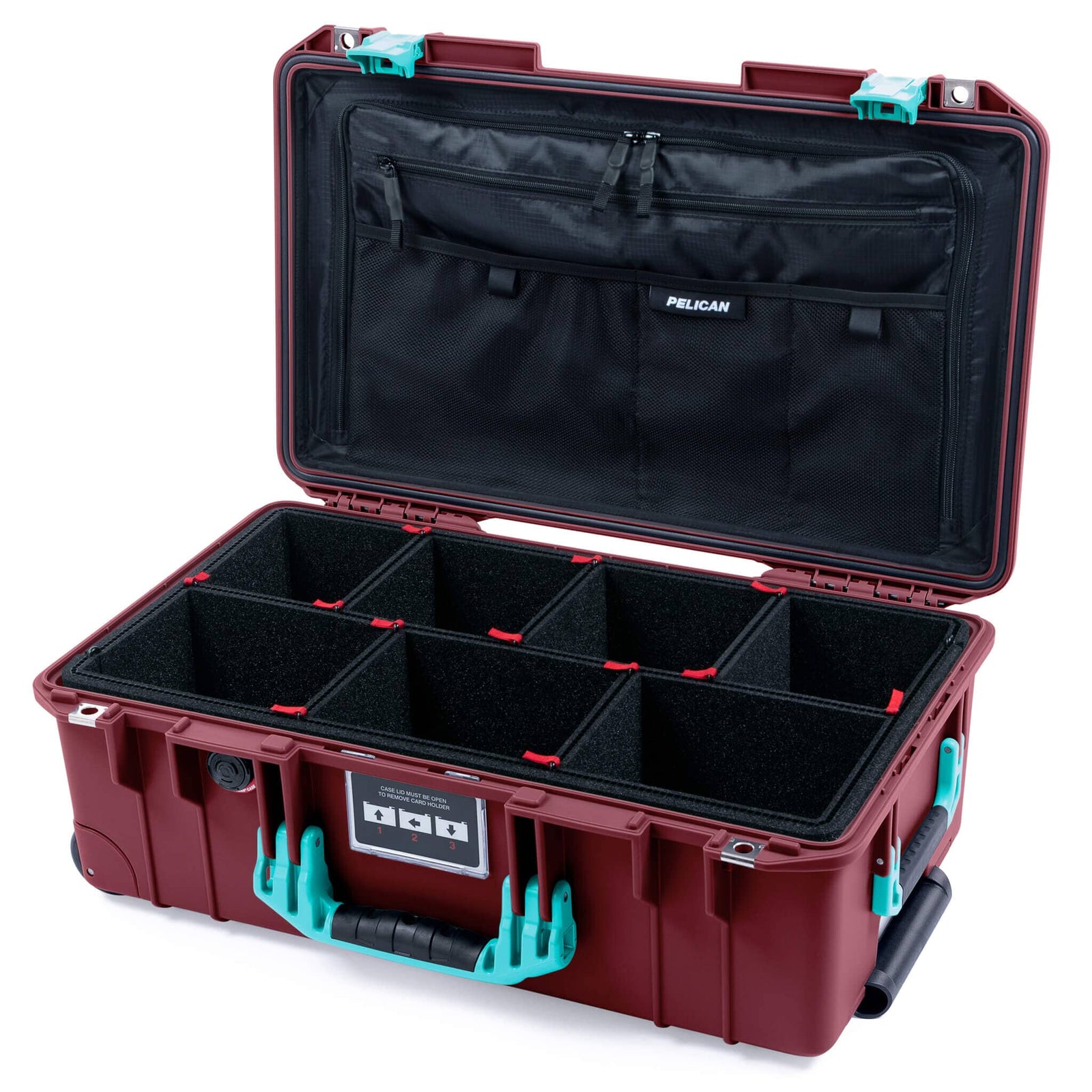 Pelican 1535 Air Case, Oxblood with Teal Handles & Latches TrekPak Divider System with TRVL Combo-Pouch Lid Organizer ColorCase 015350-0320-510-591