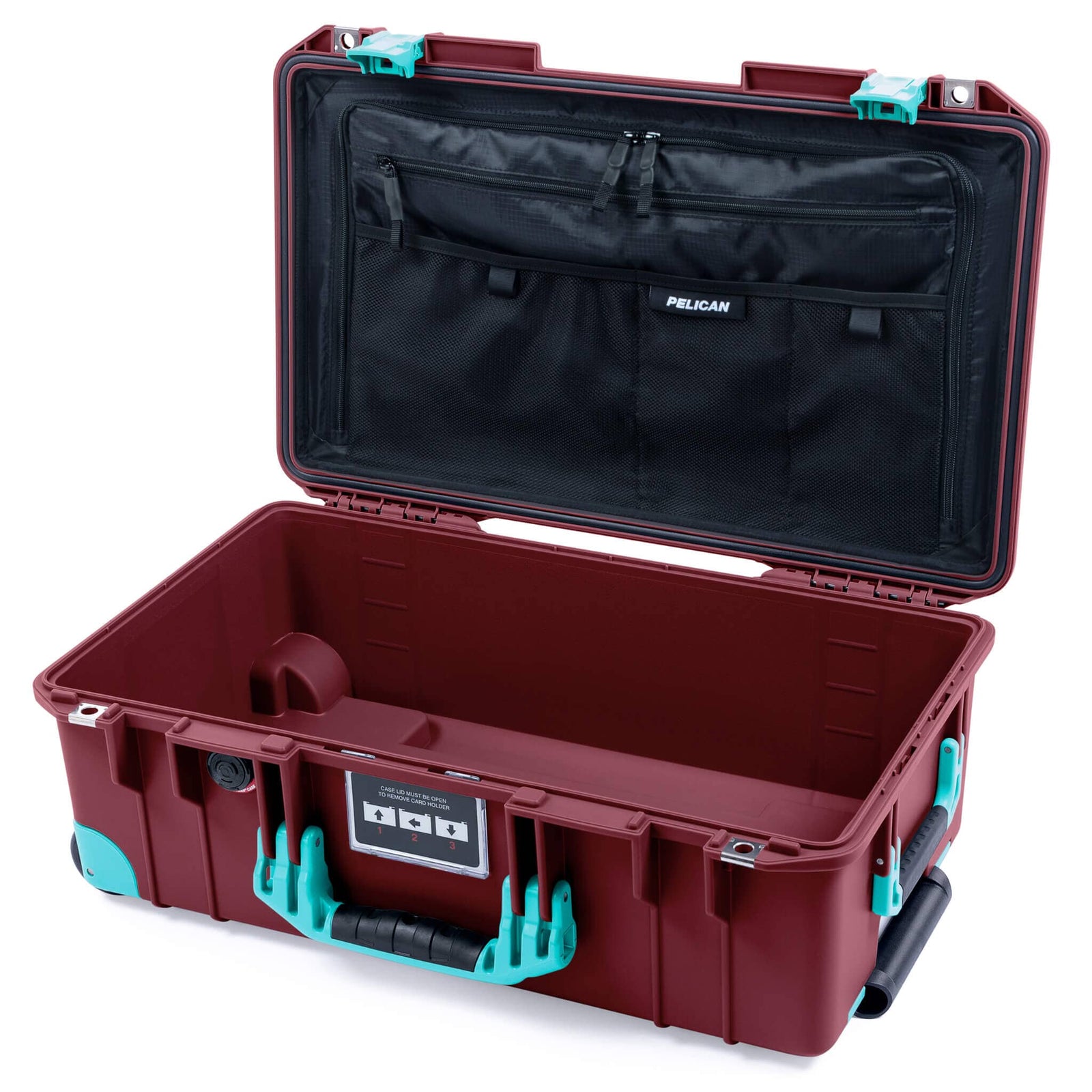 Pelican 1535 Air Case, Oxblood with Teal Handles, Latches & Trolley TRVL Combo-Pouch Lid Organizer Only ColorCase 015350-0300-510-591-590