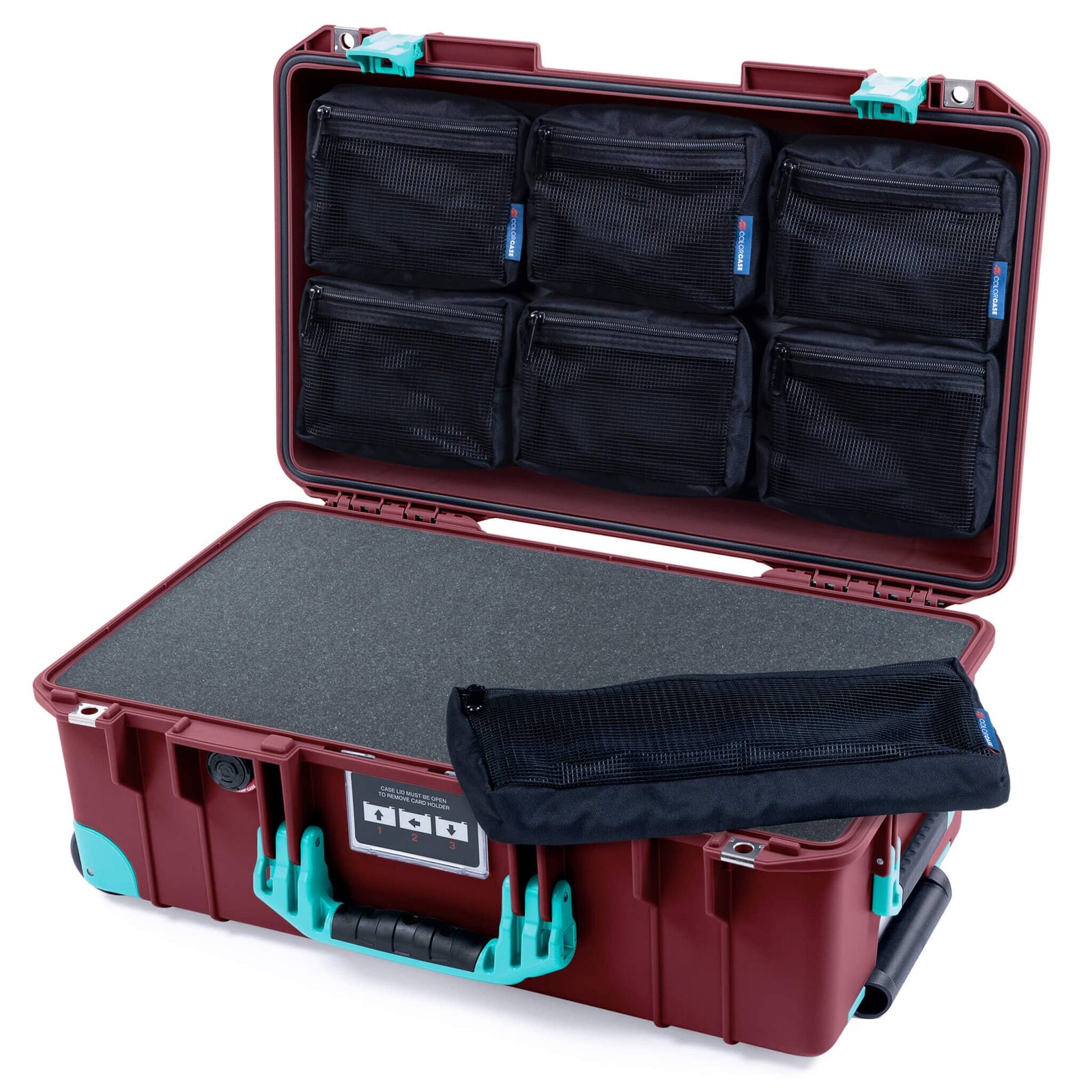 Pelican 1535 Air Case, Oxblood with Teal Handles, Latches & Trolley Pick & Pluck Foam with 7-Piece Removable Mesh Pouches ColorCase 015350-0701-510-591-590