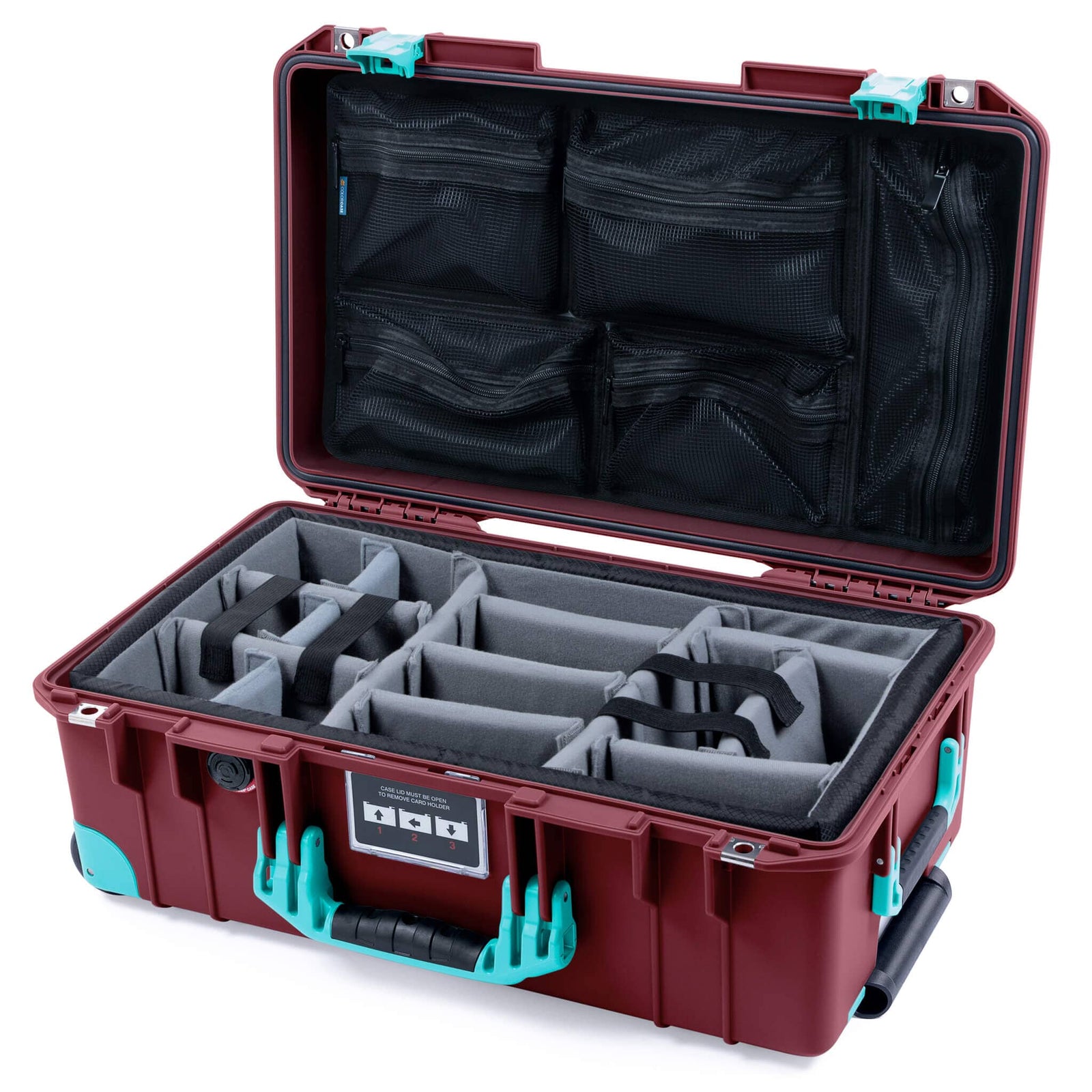Pelican 1535 Air Case, Oxblood with Teal Handles, Latches & Trolley Gray Padded Microfiber Dividers with Mesh Lid Organizer ColorCase 015350-0170-510-591-590