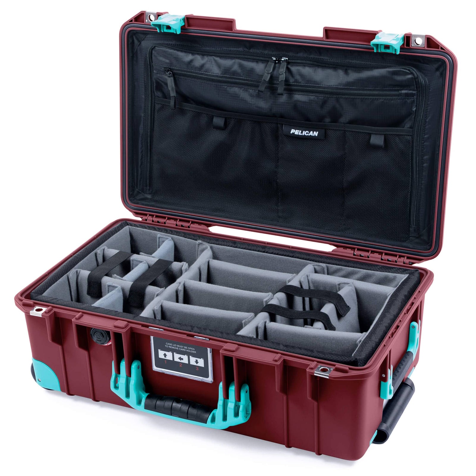 Pelican 1535 Air Case, Oxblood with Teal Handles, Latches & Trolley Gray Padded Microfiber Dividers with TRVL Combo-Pouch Lid Organizer ColorCase 015350-0370-510-591-590