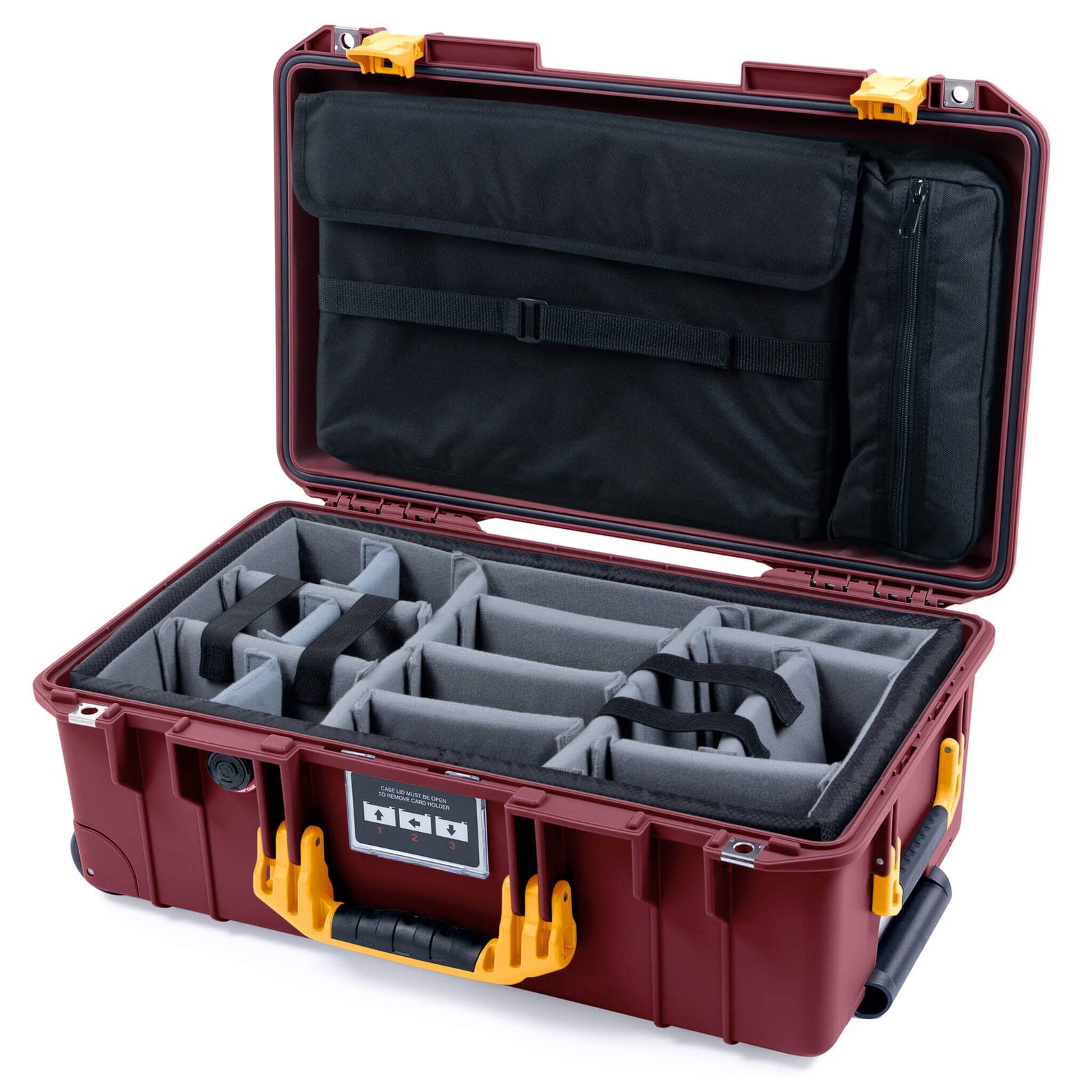 Pelican 1535 Air Case, Oxblood with Yellow Handles & Latches Gray Padded Microfiber Dividers with Laptop Computer Lid Pouch ColorCase 015350-0270-510-241