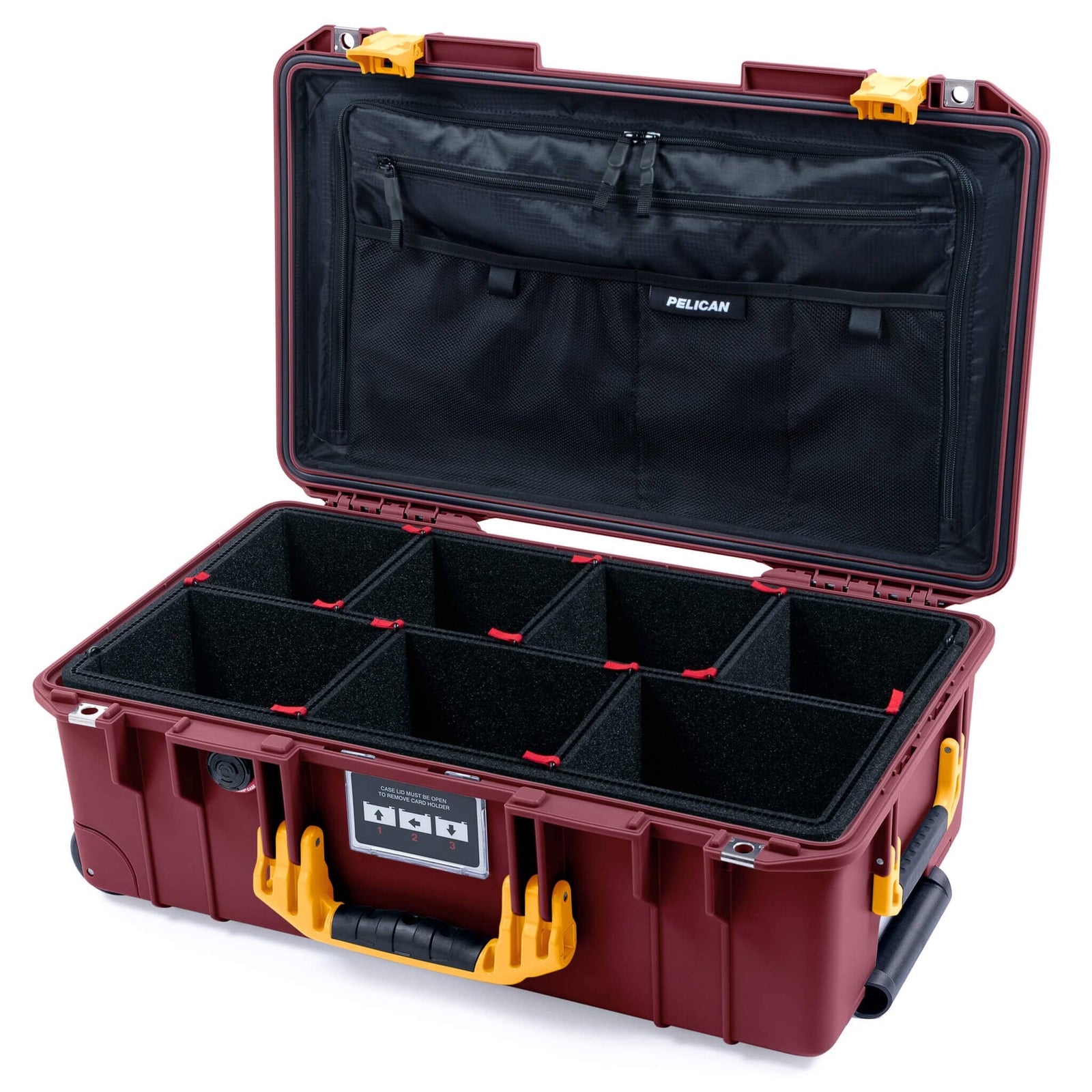 Pelican 1535 Air Case, Oxblood with Yellow Handles & Latches TrekPak Divider System with TRVL Combo-Pouch Lid Organizer ColorCase 015350-0320-510-241