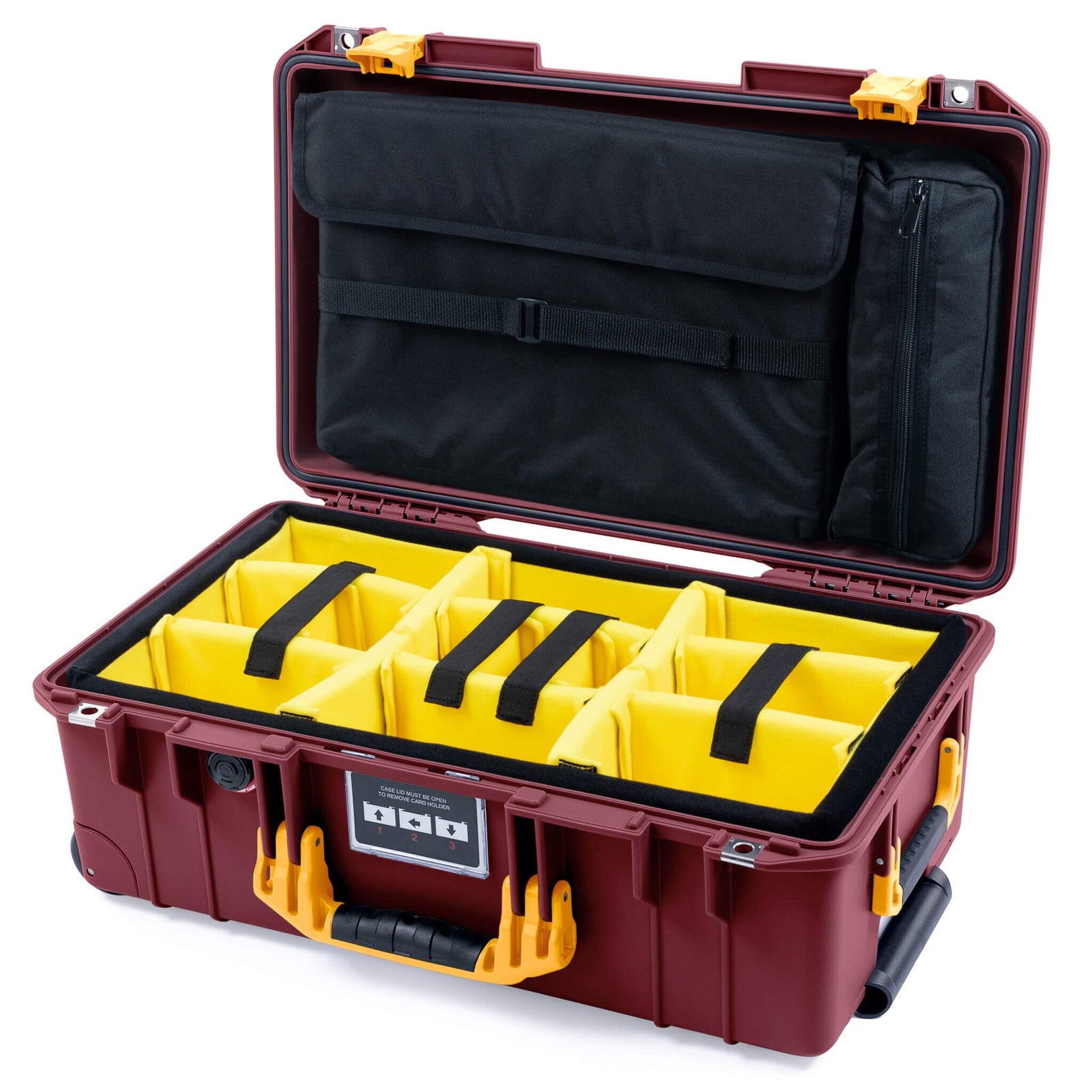 Pelican 1535 Air Case, Oxblood with Yellow Handles & Latches Yellow Padded Microfiber Dividers with Laptop Computer Lid Pouch ColorCase 015350-0210-510-241