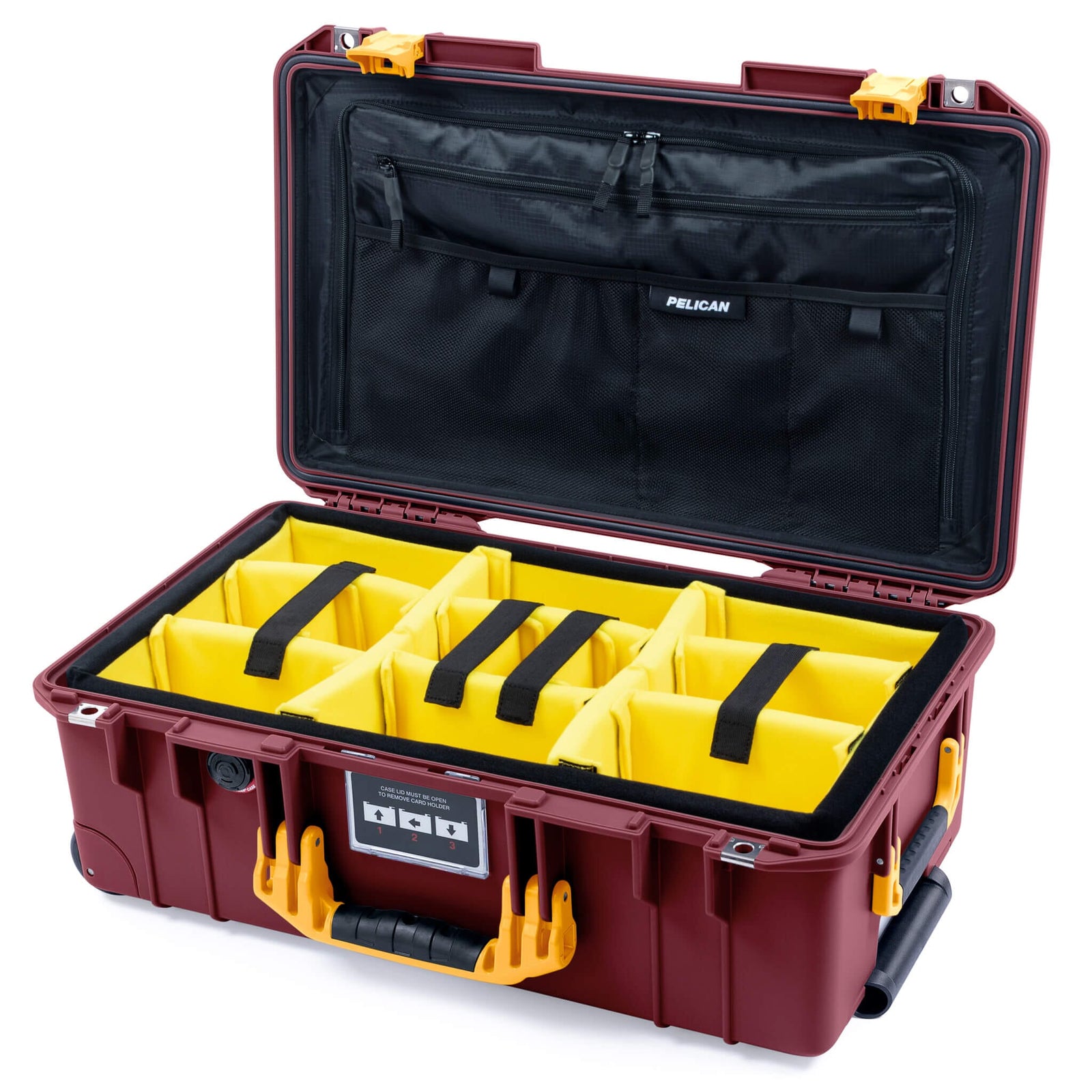 Pelican 1535 Air Case, Oxblood with Yellow Handles & Latches Yellow Padded Microfiber Dividers with TRVL Combo-Pouch Lid Organizer ColorCase 015350-0310-510-241