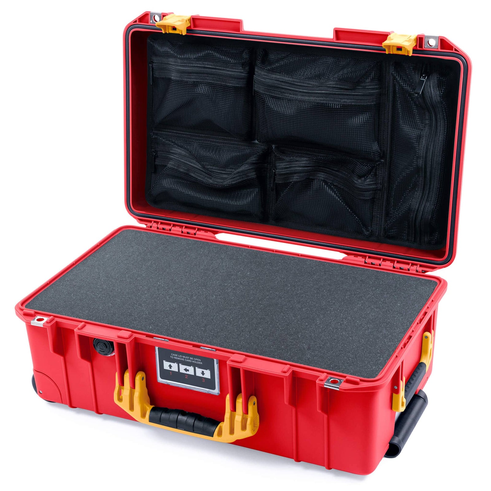 Pelican 1535 Air Case, Red with Yellow Handles & Push-Button Latches Pick & Pluck Foam with Mesh Lid Organizer ColorCase 015350-0101-320-241