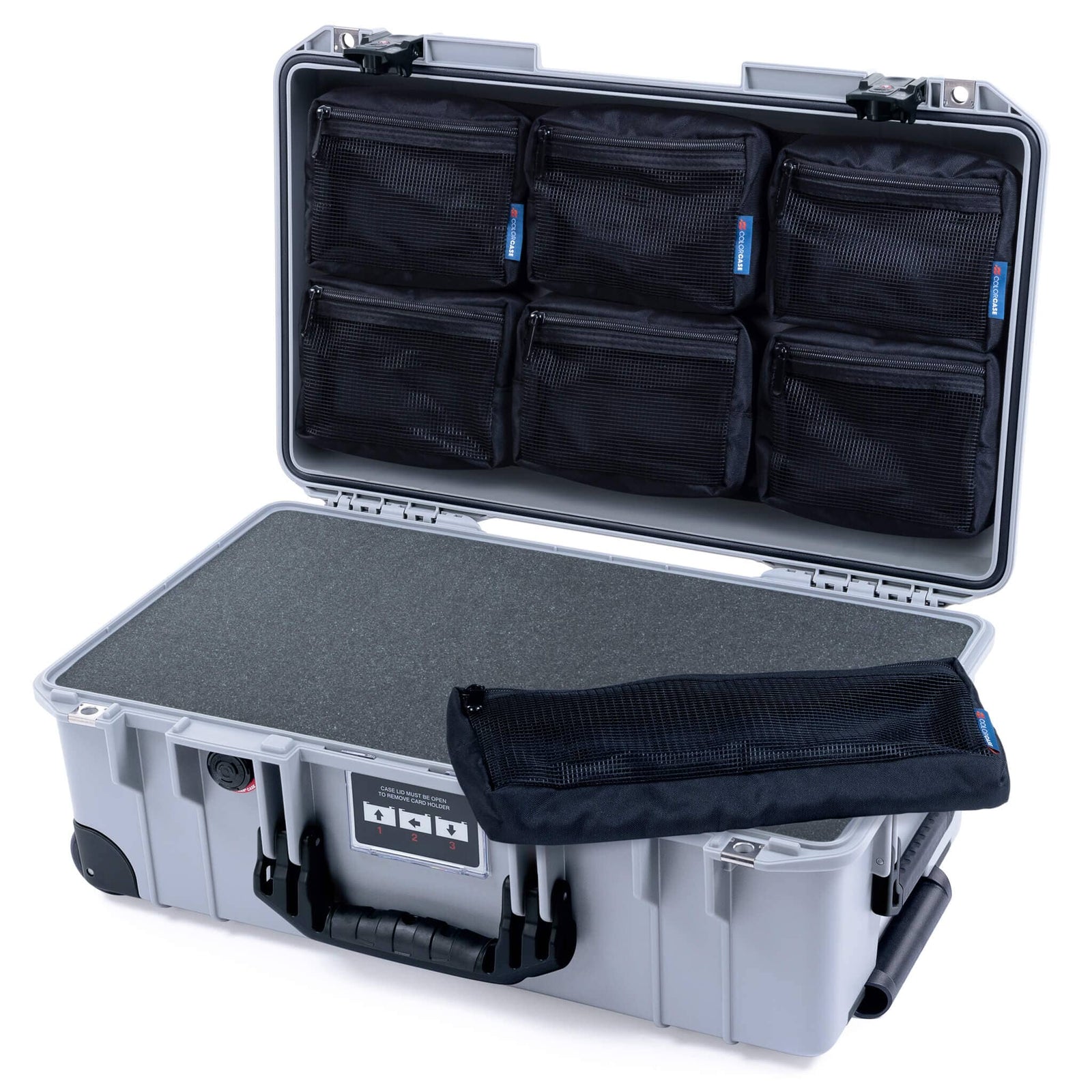 Pelican 1535 Air Case, Silver with Black Handles, TSA Locking Latches & Trolley Pick & Pluck Foam with 7-Piece Removable Mesh Pouches ColorCase 015350-0701-180-L10-110