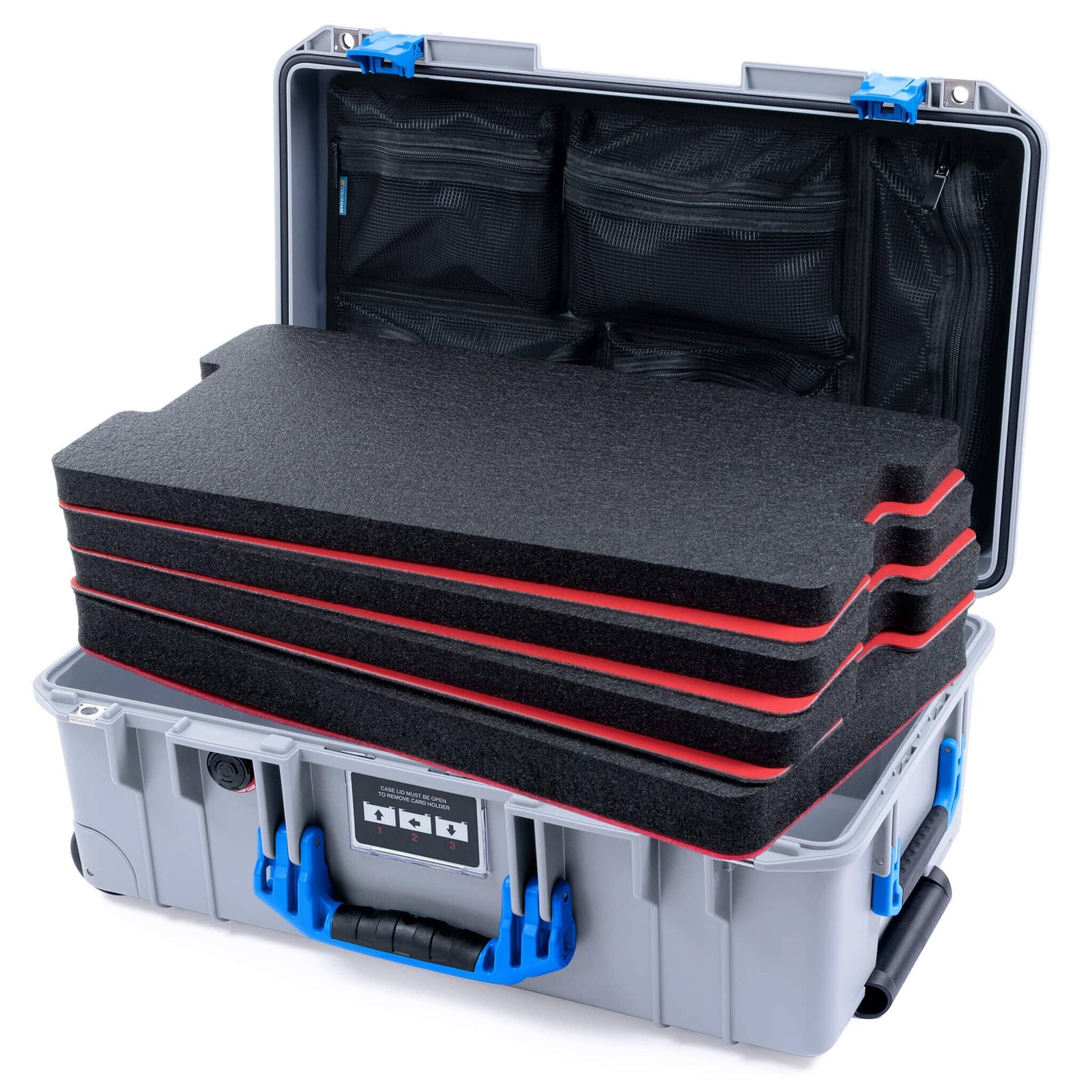 Pelican 1535 Air Case, Silver with Blue Handles & Latches Custom Tool Kit (4 Foam Inserts with Mesh Lid Organizer) ColorCase 015350-0160-180-121