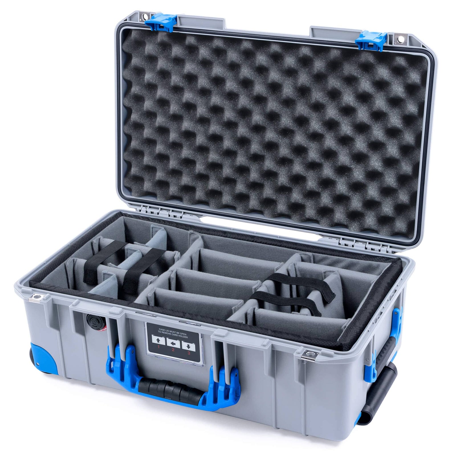 Pelican 1535 Air Case, Silver with Blue Handles, Latches & Trolley Gray Padded Microfiber Dividers with Convoluted Lid Foam ColorCase 015350-0070-180-121-120