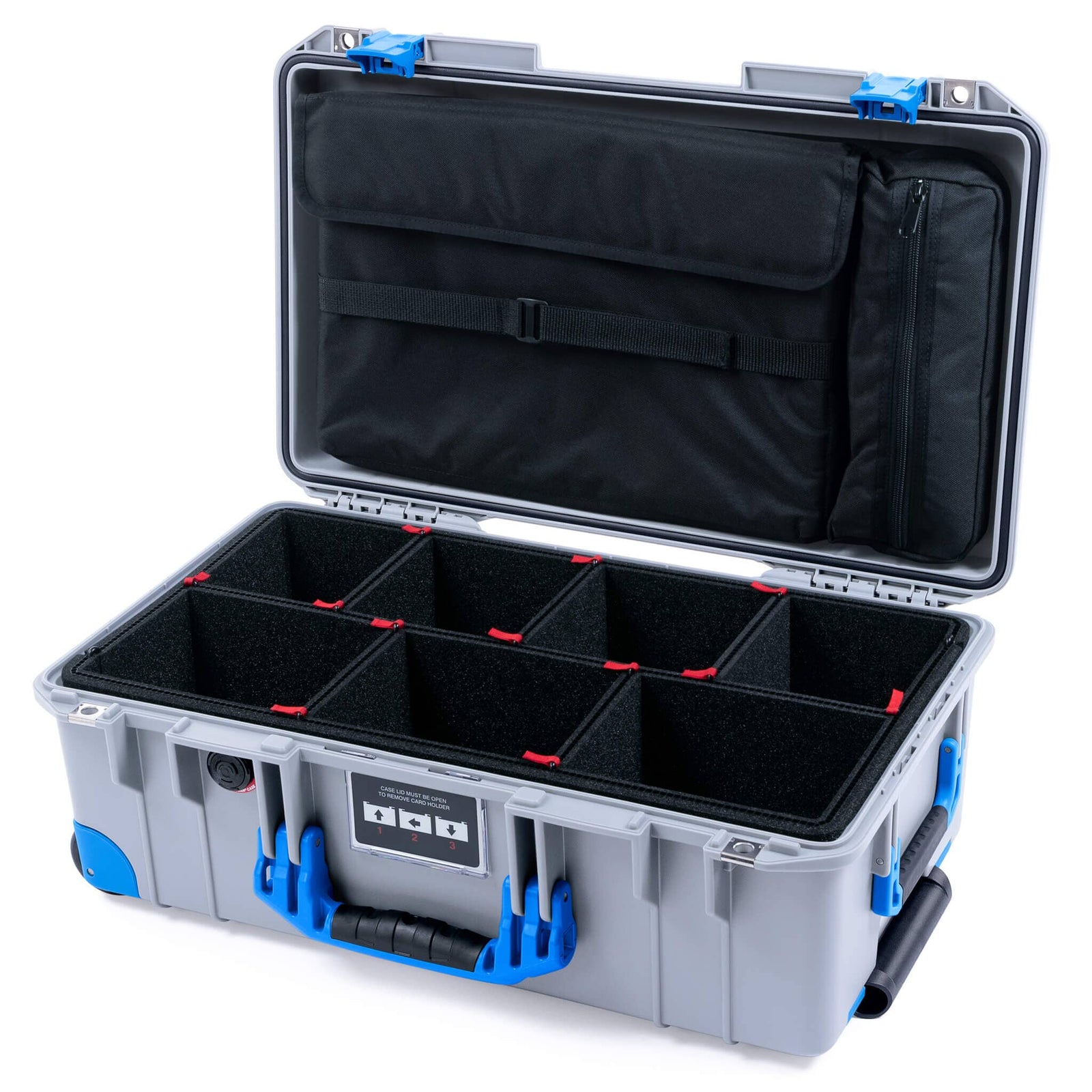 Pelican 1535 Air Case, Silver with Blue Handles, Latches & Trolley TrekPak Divider System with Laptop Computer Lid Pouch ColorCase 015350-0220-180-121-120