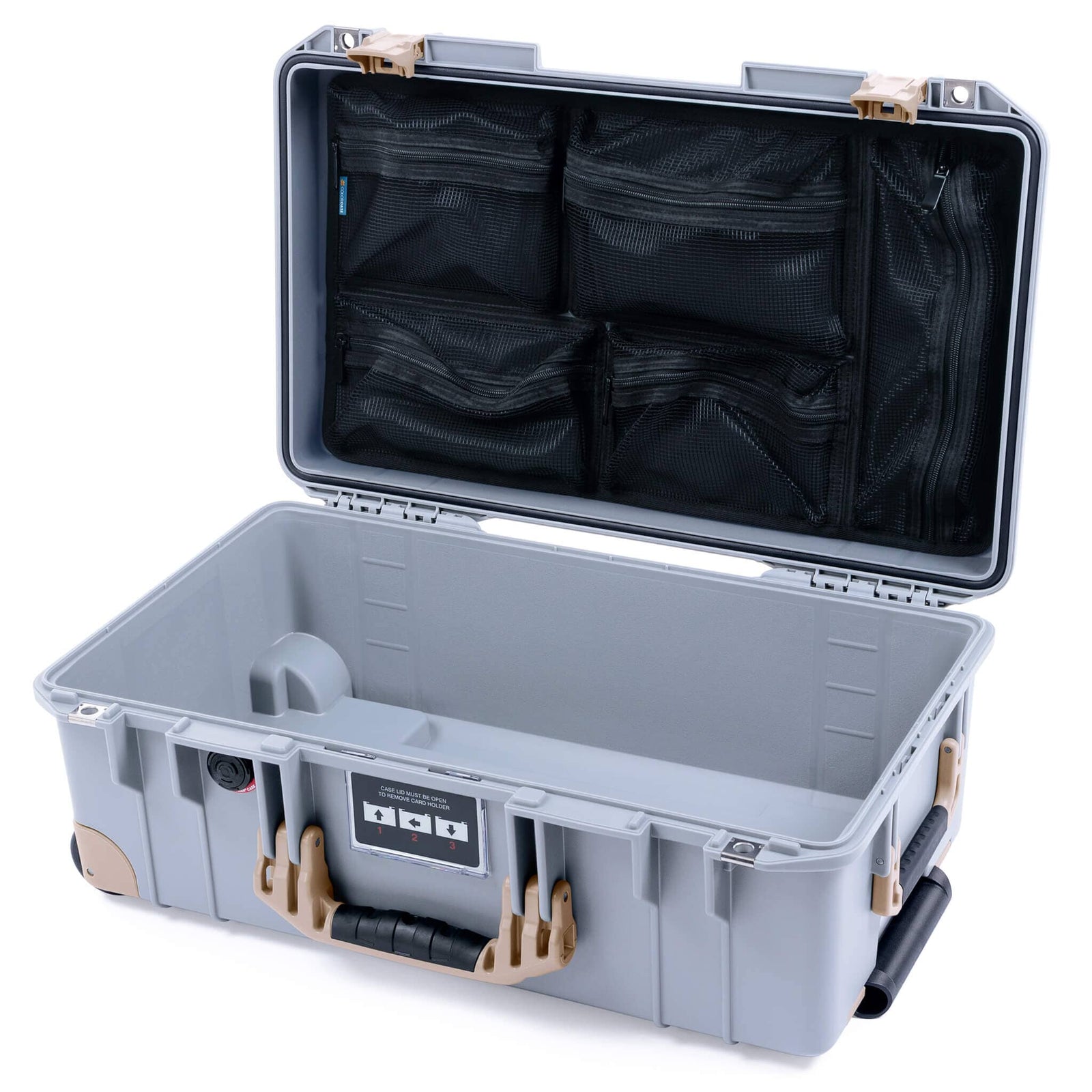 Pelican 1535 Air Case, Silver with Desert Tan Handles, Latches & Trolley Mesh Lid Organizer Only ColorCase 015350-0100-180-311-310