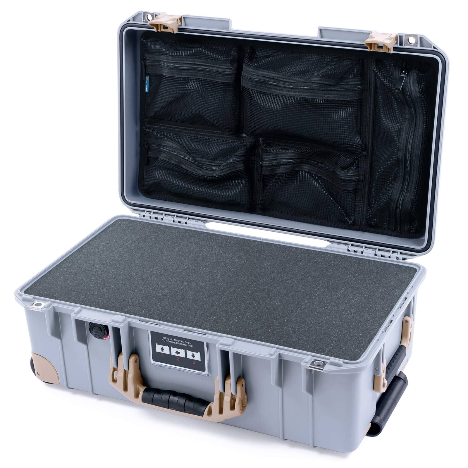 Pelican 1535 Air Case, Silver with Desert Tan Handles, Latches & Trolley Pick & Pluck Foam with Mesh Lid Organizer ColorCase 015350-0101-180-311-310