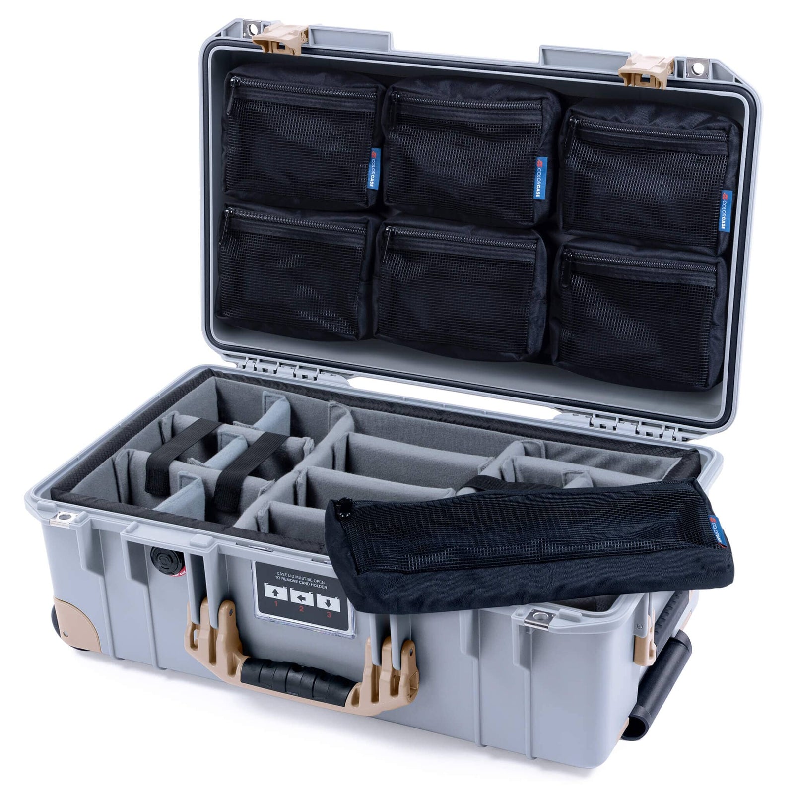 Pelican 1535 Air Case, Silver with Desert Tan Handles, Latches & Trolley Gray Padded Microfiber Dividers with 7-Piece Removable Mesh Pouches ColorCase 015350-0770-180-311-310