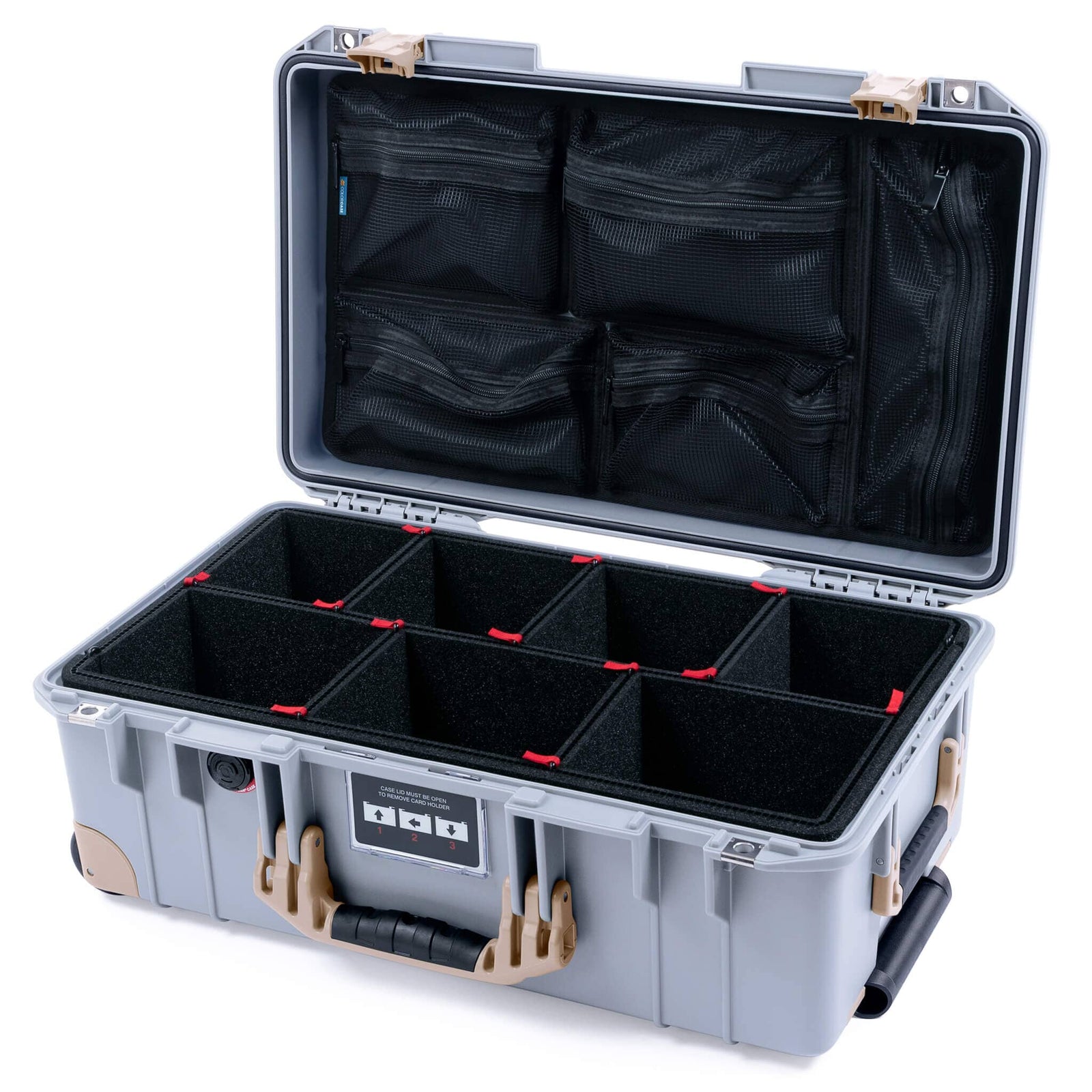 Pelican 1535 Air Case, Silver with Desert Tan Handles, Latches & Trolley TrekPak Divider System with Mesh Lid Organizer ColorCase 015350-0120-180-311-310