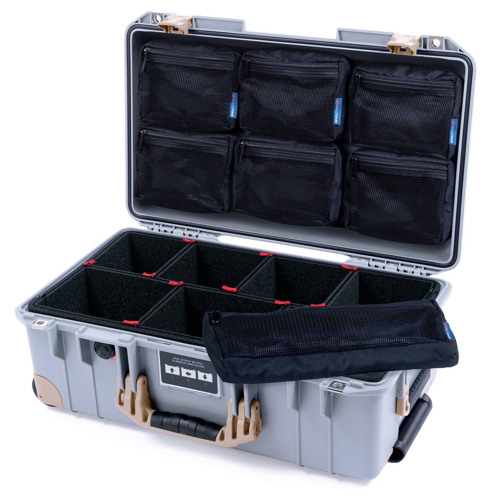 Pelican 1535 Air Case, Silver with Desert Tan Handles, Latches & Trolley TrekPak Divider System with 7-Piece Removable Mesh Pouches ColorCase 015350-0720-180-311-310