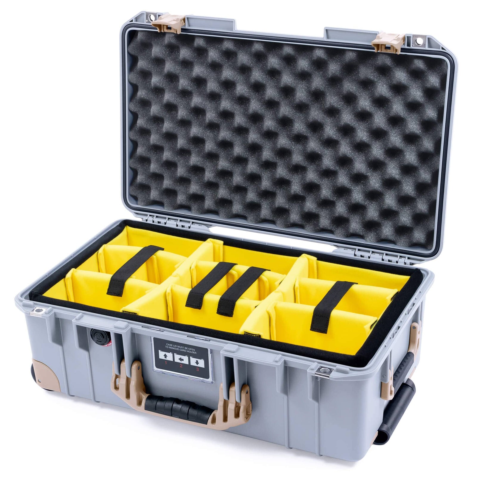 Pelican 1535 Air Case, Silver with Desert Tan Handles, Latches & Trolley Yellow Padded Microfiber Dividers with Convoluted Lid Foam ColorCase 015350-0010-180-311-310