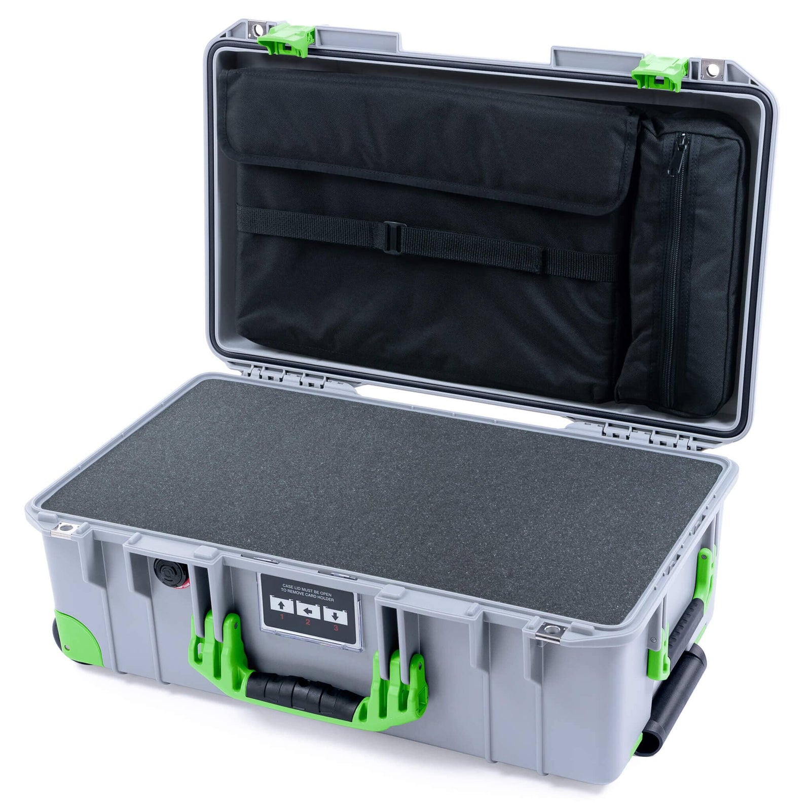 Pelican 1535 Air Case, Silver with Lime Green Handles, Latches & Trolley Pick & Pluck Foam with Laptop Computer Lid Pouch ColorCase 015350-0201-180-301-300