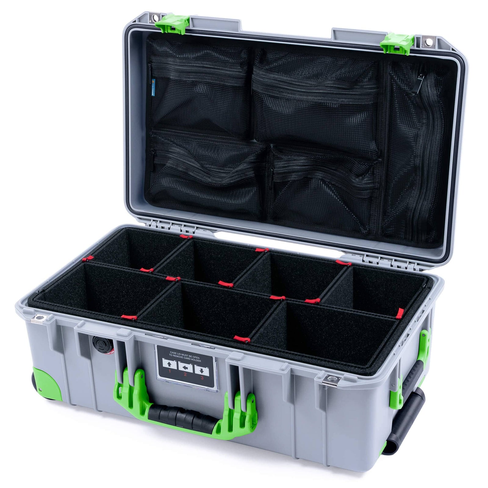 Pelican 1535 Air Case, Silver with Lime Green Handles, Latches & Trolley TrekPak Divider System with Mesh Lid Organizer ColorCase 015350-0120-180-301-300