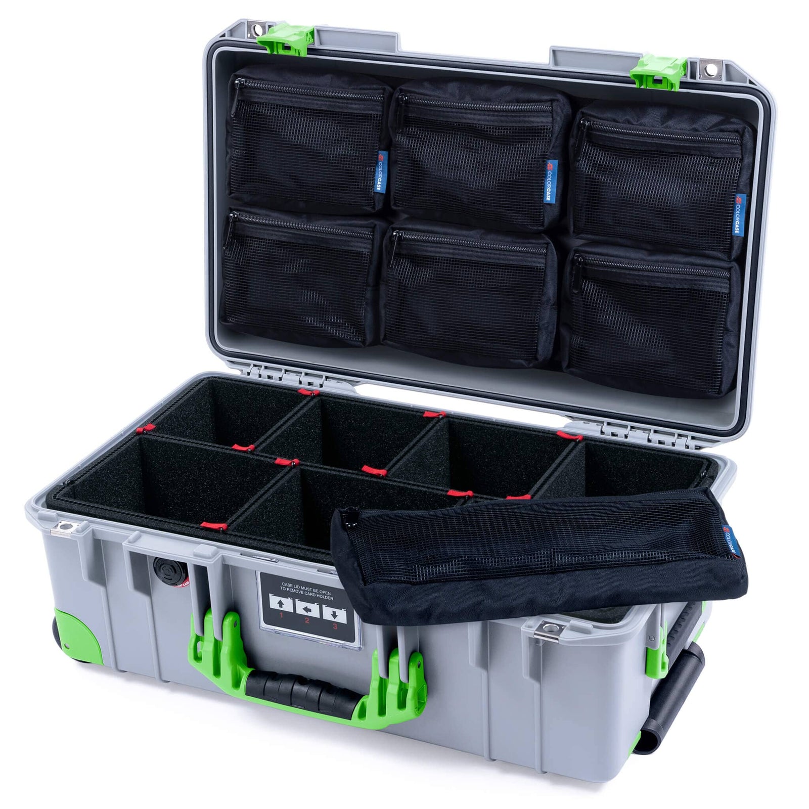 Pelican 1535 Air Case, Silver with Lime Green Handles, Latches & Trolley TrekPak Divider System with 7-Piece Removable Mesh Pouches ColorCase 015350-0720-180-301-300