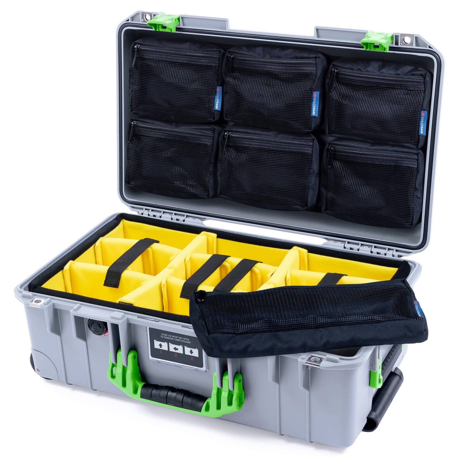 Pelican 1535 Air Case, Silver with Lime Green Handles & Latches Yellow Padded Microfiber Dividers with 7-Piece Removable Mesh Pouches ColorCase 015350-0710-180-301