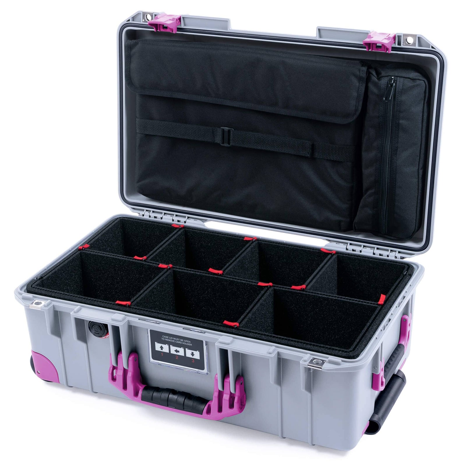 Pelican 1535 Air Case, Silver with Magenta Handles, Latches & Trolley TrekPak Divider System with Laptop Computer Lid Pouch ColorCase 015350-0220-180-401-400
