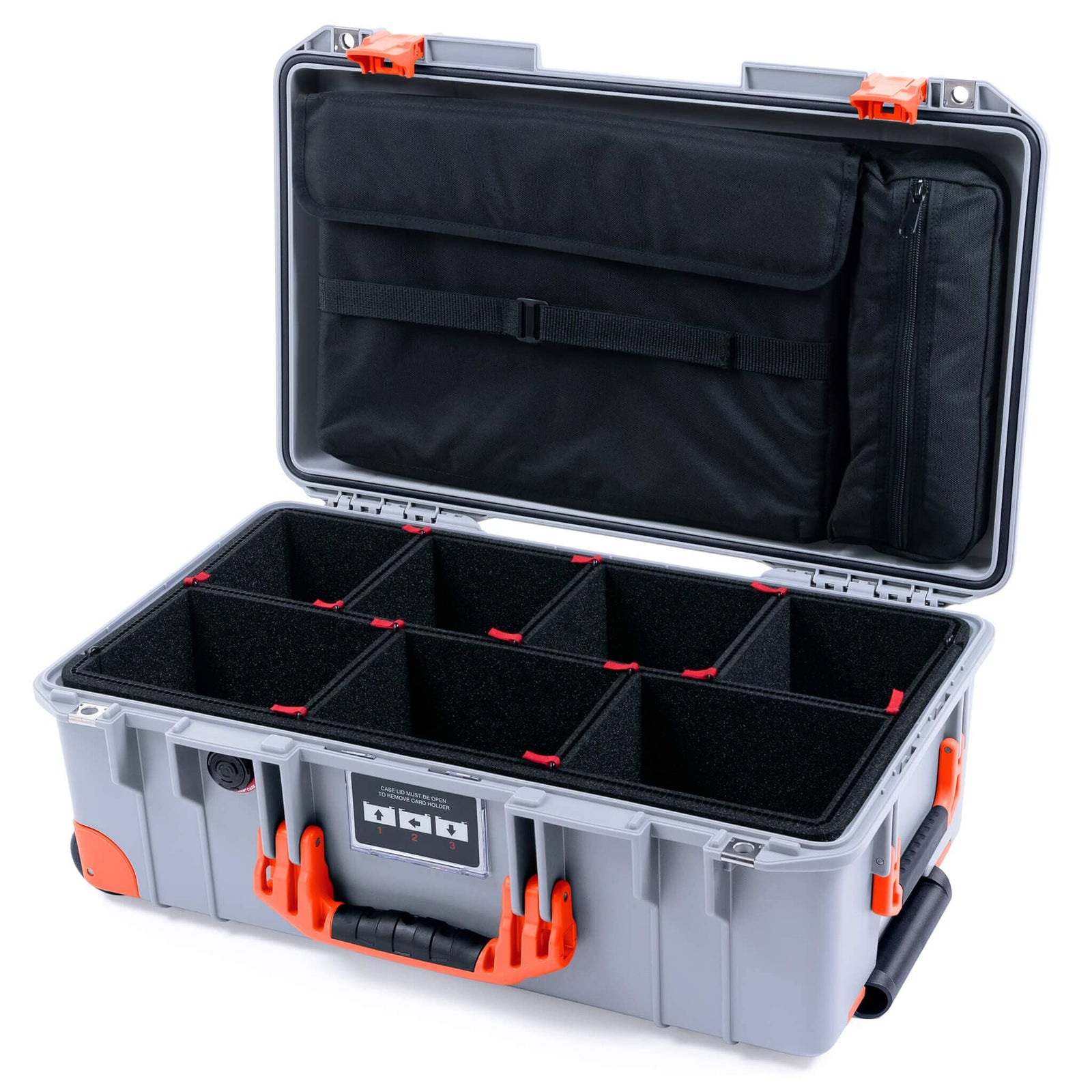 Pelican 1535 Air Case, Silver with Orange Handles, Latches & Trolley TrekPak Divider System with Laptop Computer Lid Pouch ColorCase 015350-0220-180-151-150